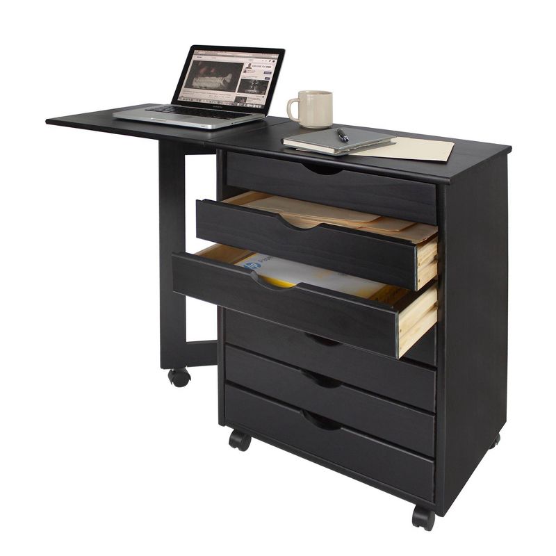 Adeptus Solid Wood 7 Drawer Gate Leg Roll Cart Desk Black