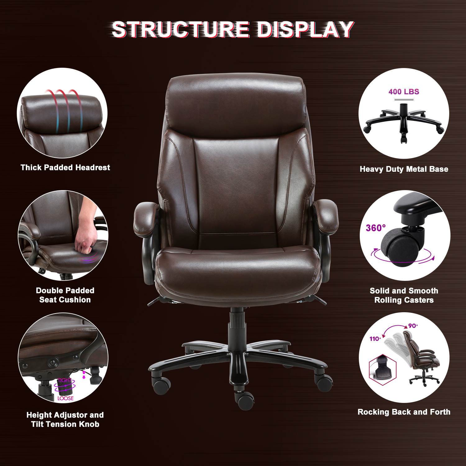 STARSPACE High Back Big & Tall 400lb Bonded Leather Office Chair Large Executive Desk Computer Swivel Chair