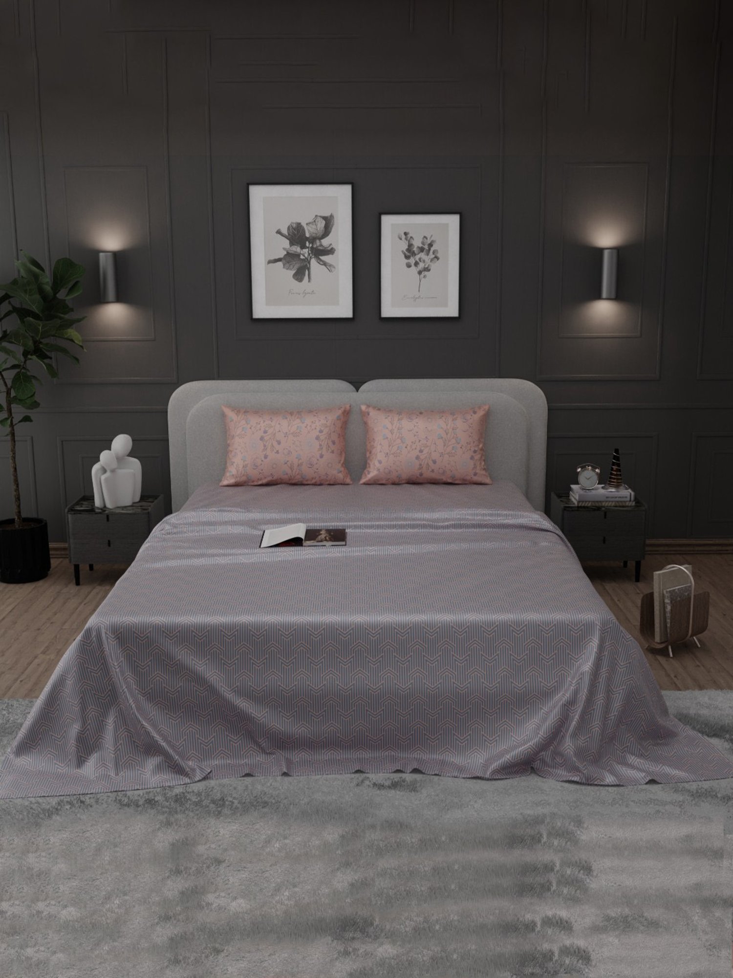 Stoa Paris Elegance Grey Polyester 300 TC Sateen King Size Bed Sheet With 2 Pillow Covers