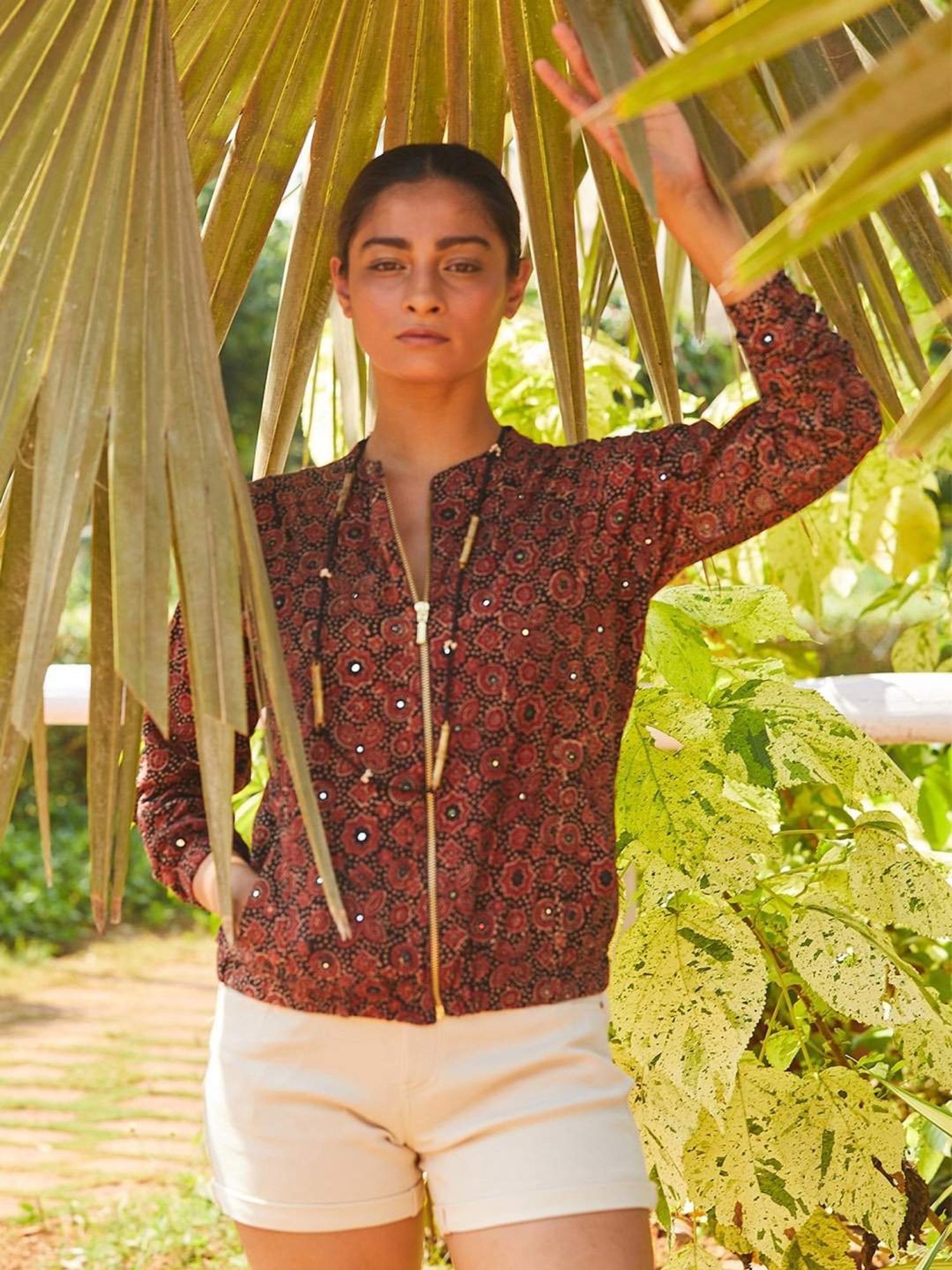 Okhai Maroon & Black Pure Cotton Embellished Bomber Jacket