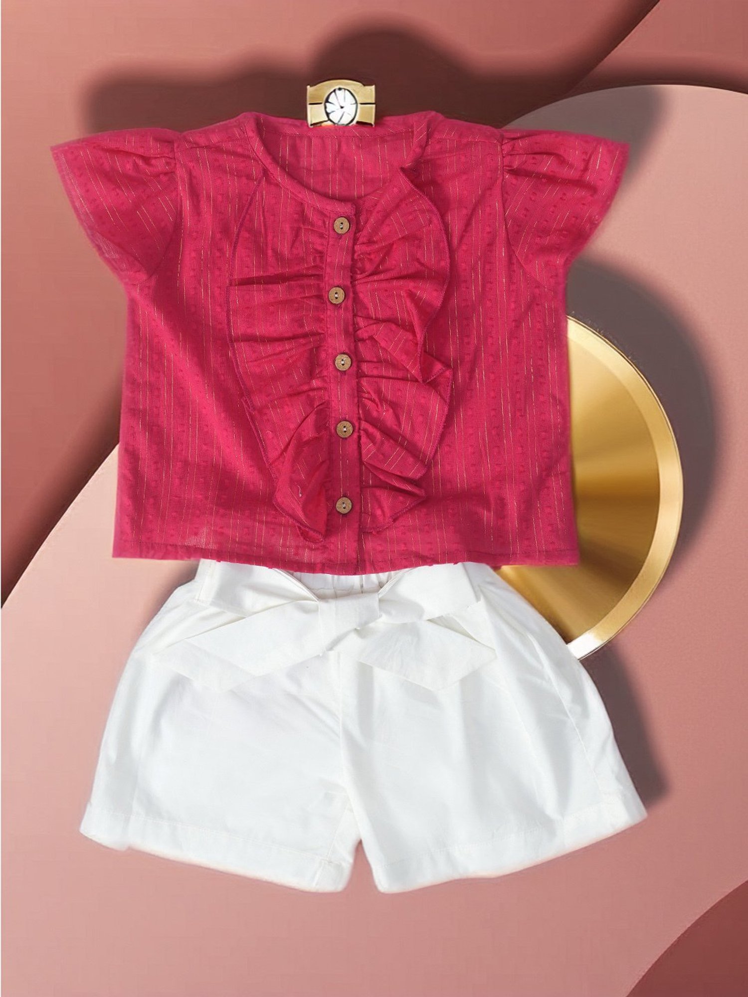Bella Moda Kids Pink & White Self Design Top With Shorts