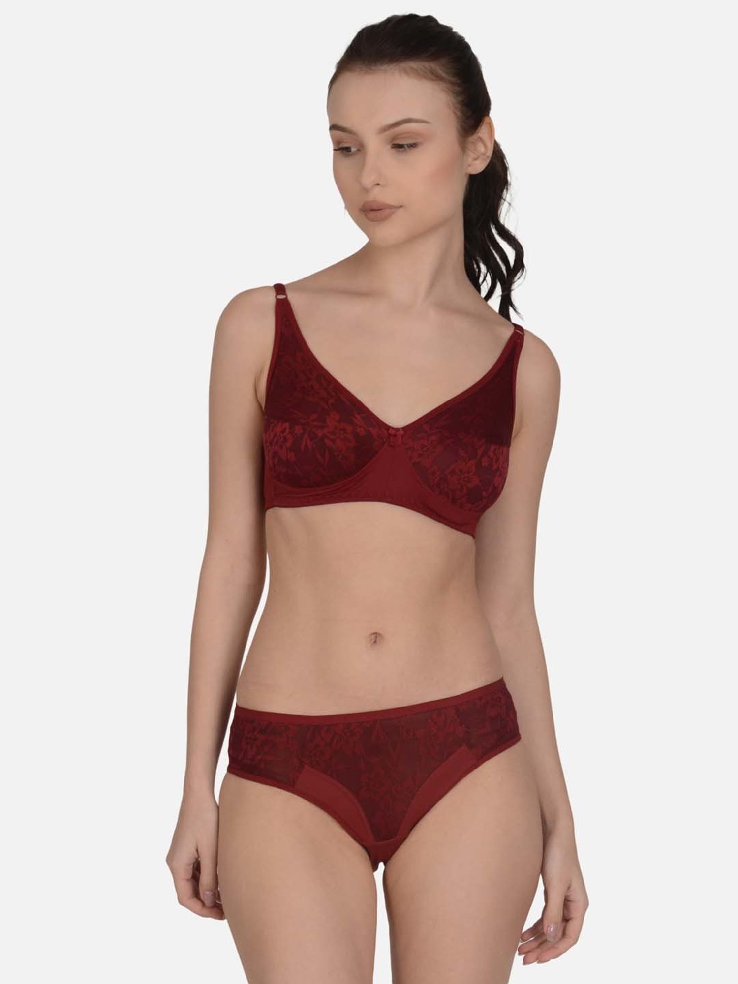 mod & shy Maroon Self Pattern Non-Padded Lingerie Set