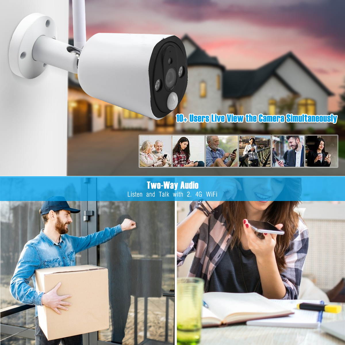 WiFi Solar Powered Security Camera Wireless 1080P Outdoor Network IP65 Waterproof Webcam PIR Motion Detection,White