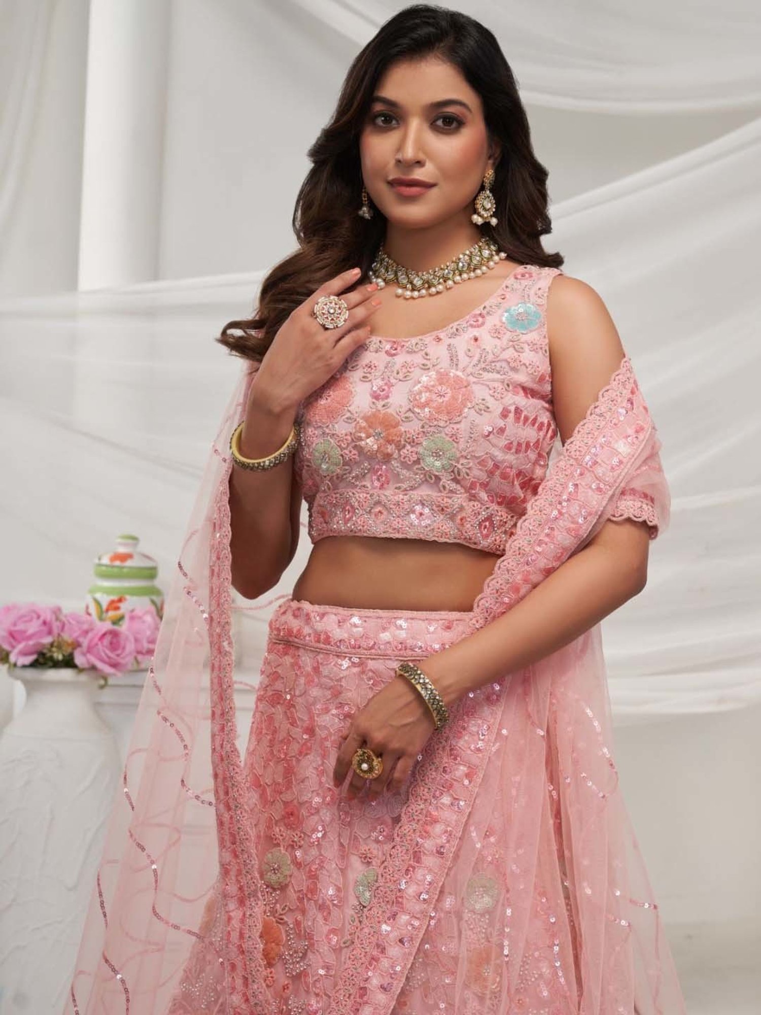 Odette Pink Embroidered Lehenga Choli Set With Dupatta