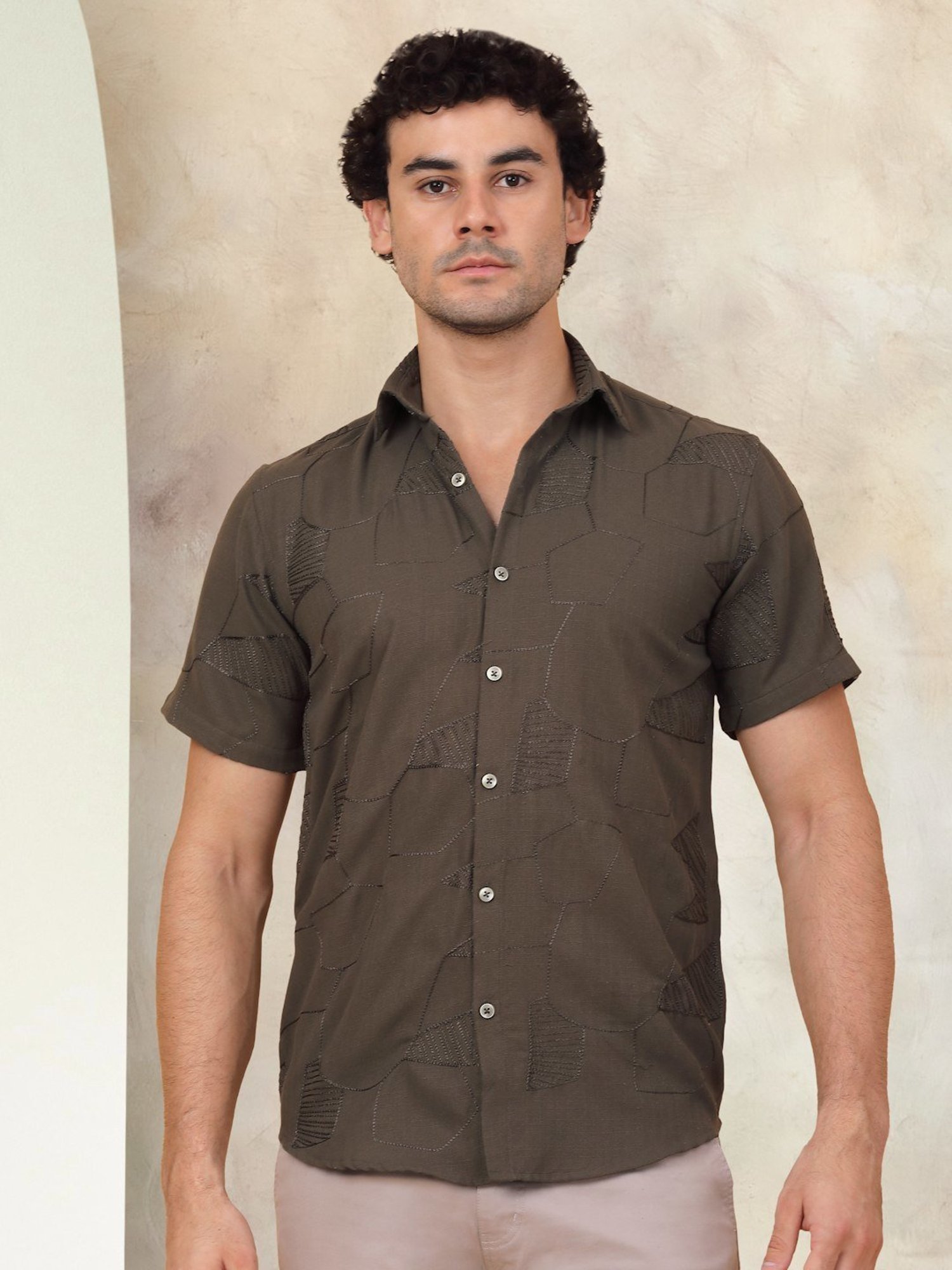 Indian Needle Olive Ragular Fit Embroidered Shirt