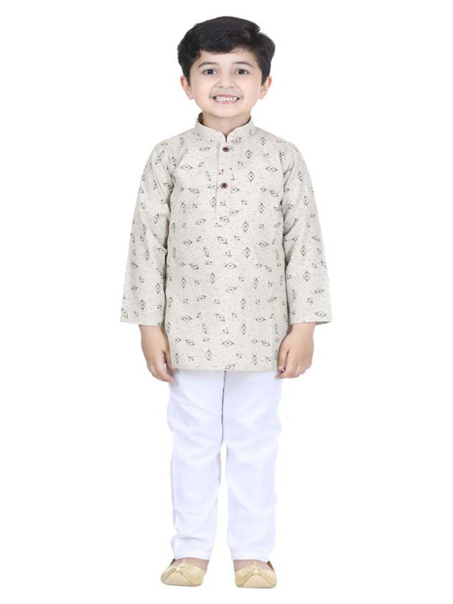 AJ Dezines Kids Beige & White Cotton Printed Full Sleeves Kurta Set