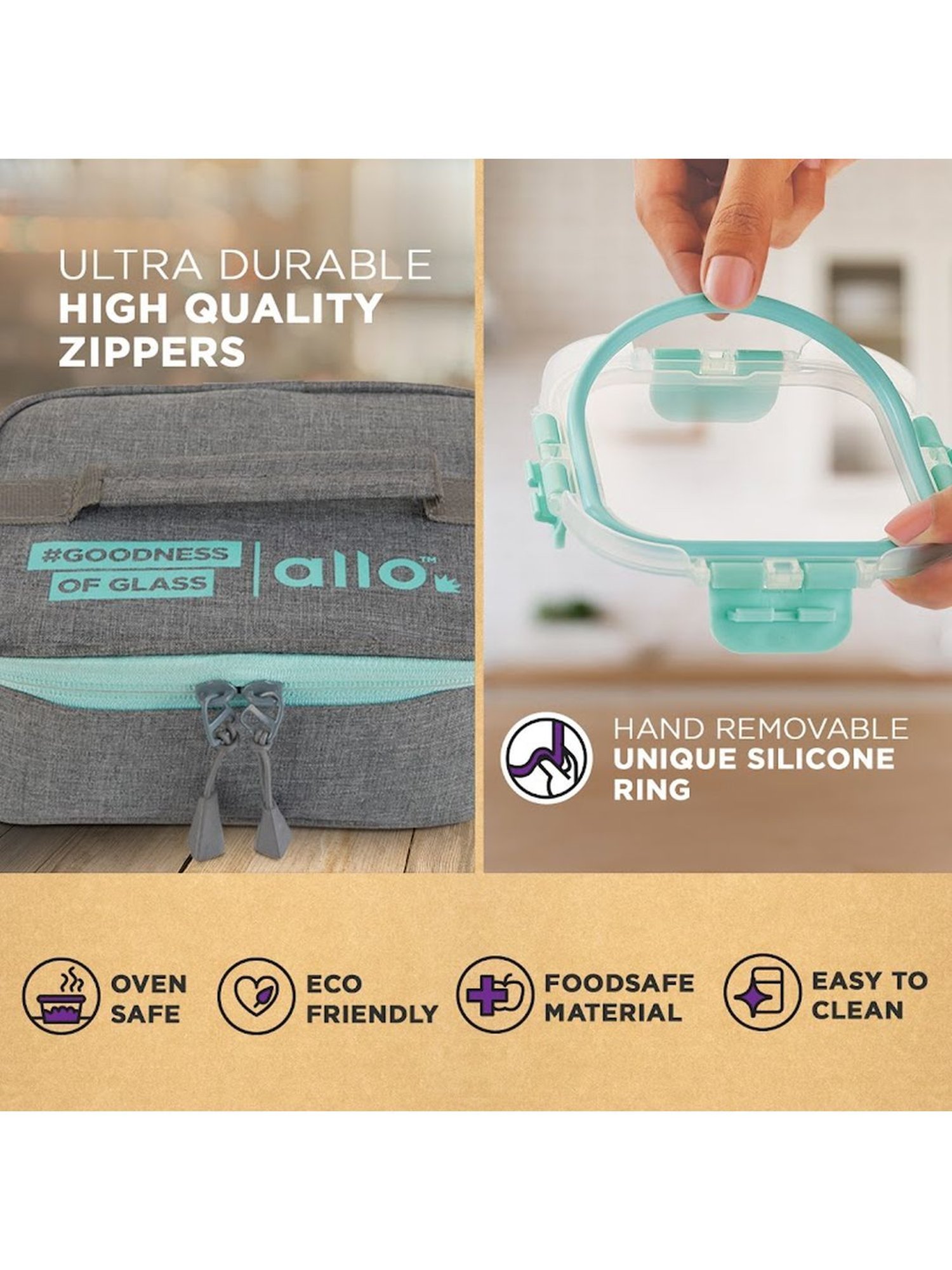 Borosilicate Glass Lunch Box Microwave Oven Safe with Detachable Lock and Canvas Grey Tiffin Bag