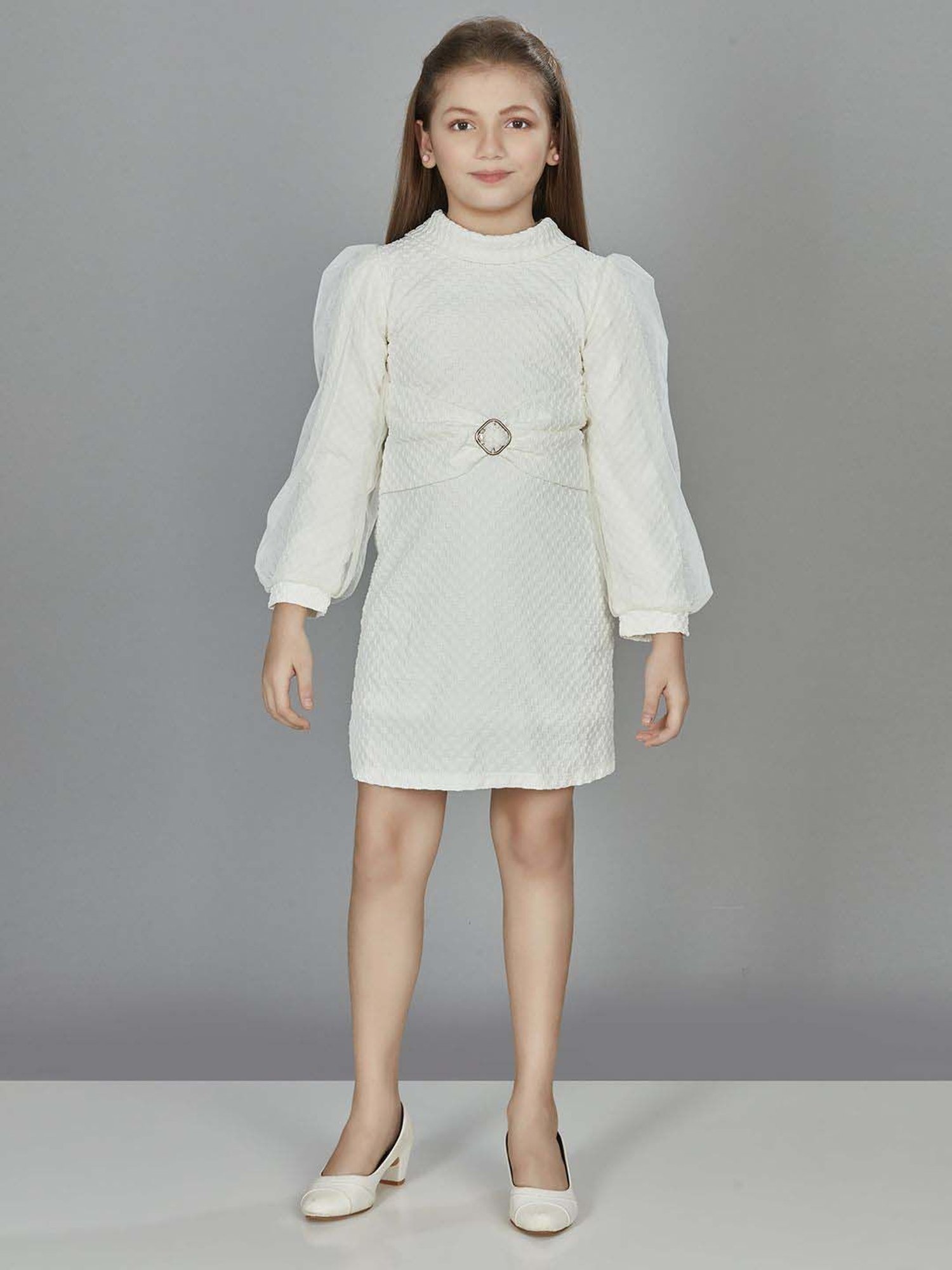 Peppermint Girls White Textured Full Sleeves Dress