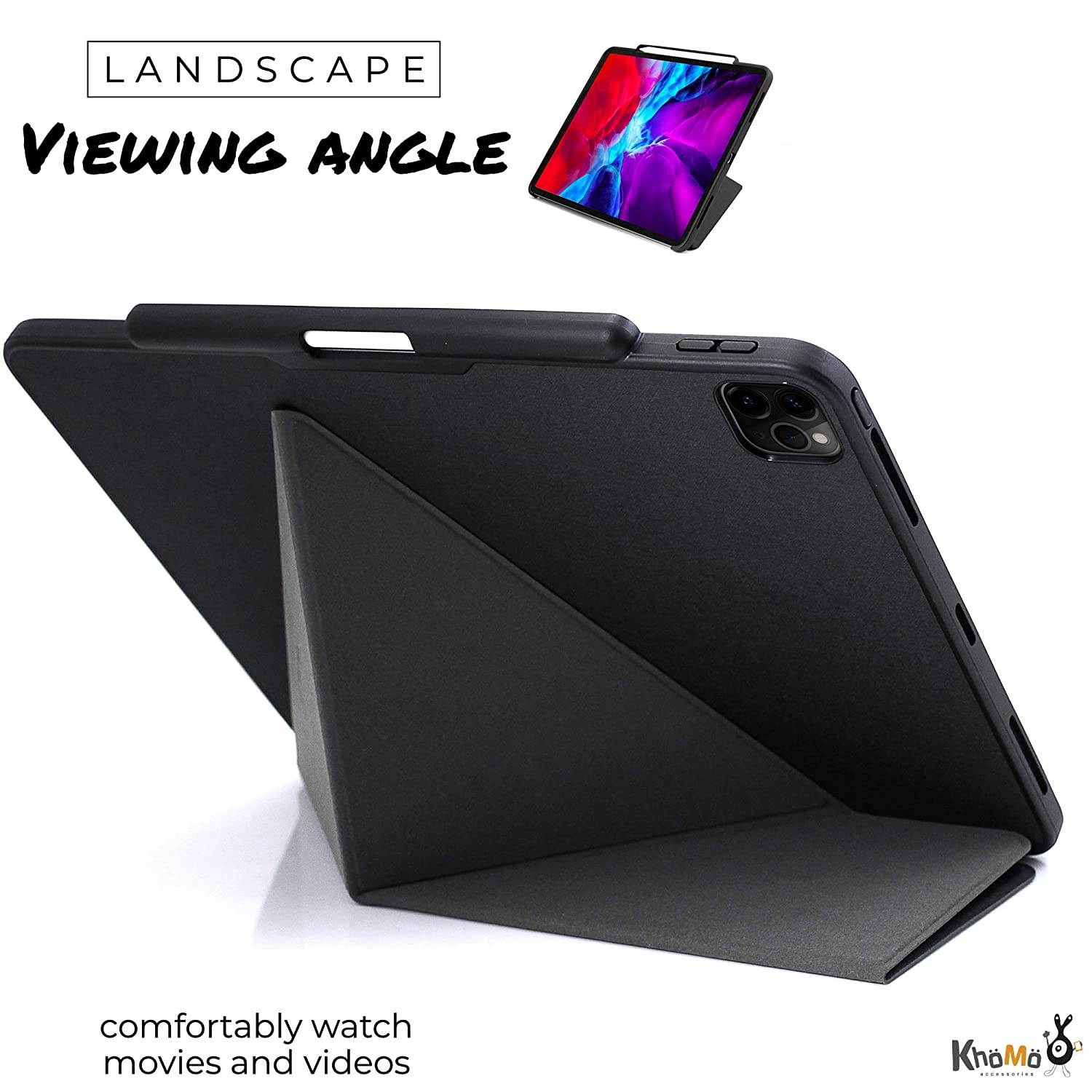 KHOMO iPad Case Pro 12.9 Case 4th Generation 2020 with Pencil Holder - Dual Origami Series - Horizontal and Vertical Stand - Supports Apple Pen Charging - Charcoal Black