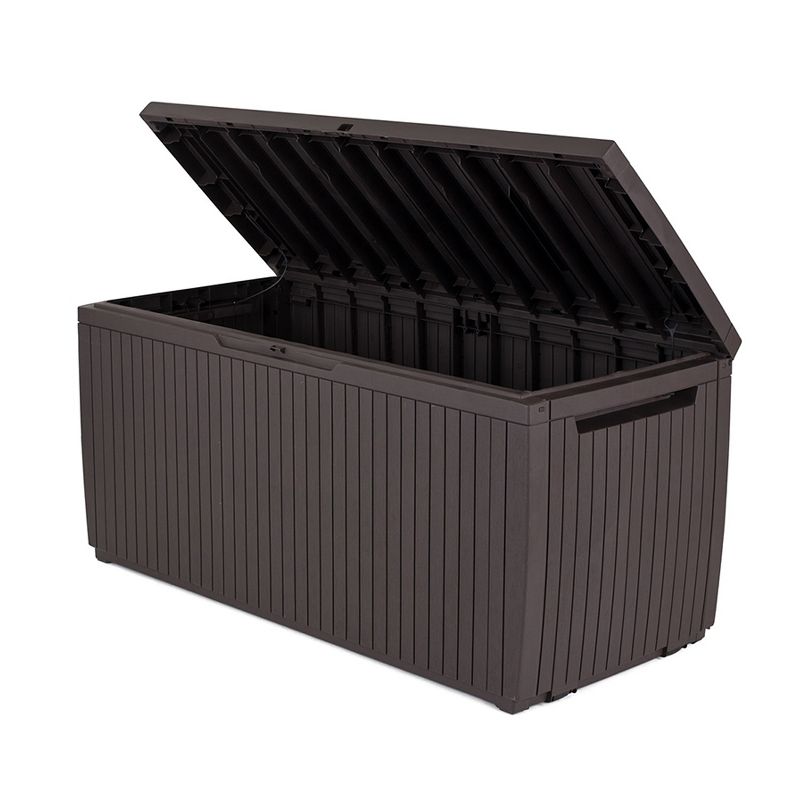 Keter 243547 Springwood 80 Gallon Resin Outdoor Storage Box for Patio Furniture Cushions, Pool Toys, and Garden Tools with Handles, Dark Brown