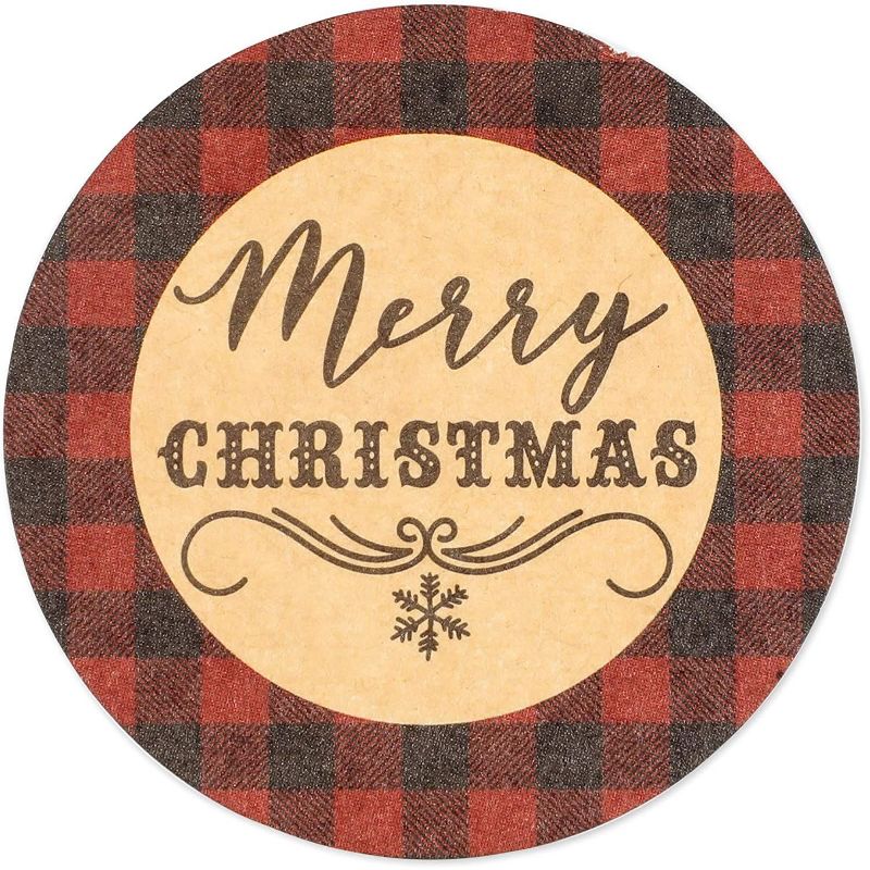 Pipilo Press 500-Pack Merry Christmas Stickers Roll with Buffalo Plaid, Assorted Designs (1.5 in)