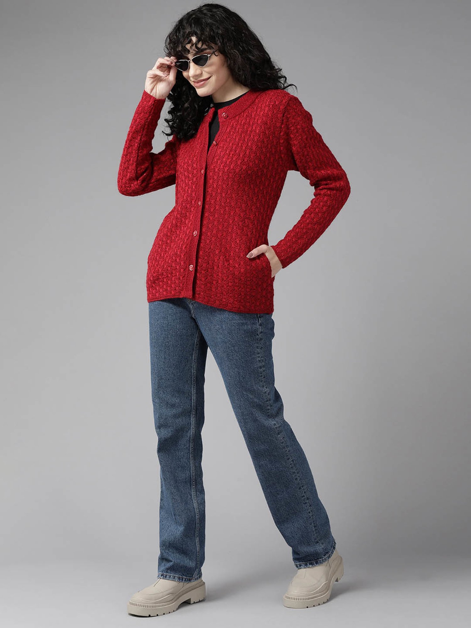Cayman Red Woolen Cable Knit Cardigan