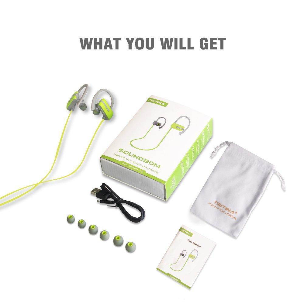 Tritina Sports Headphone in-Ear - Sweatproof Bluetooth Earphones w/ Mic - Comfortable Secure Fit Design Earbuds - HD Stereo Noise Cancelling for Gym Fitness Running Workout - Green
