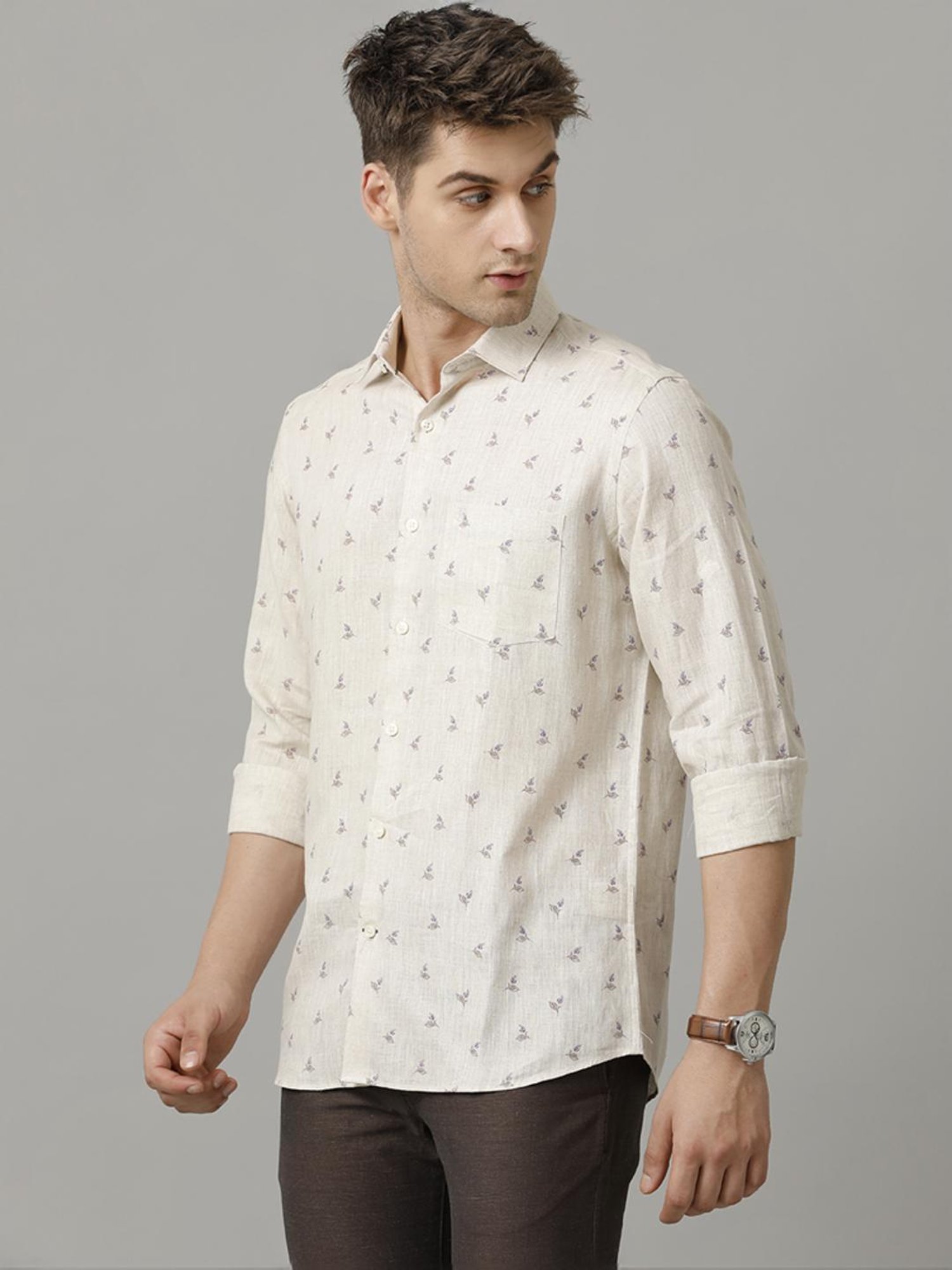 Linen Club Beige Linen Contemporary Fit Printed Shirt