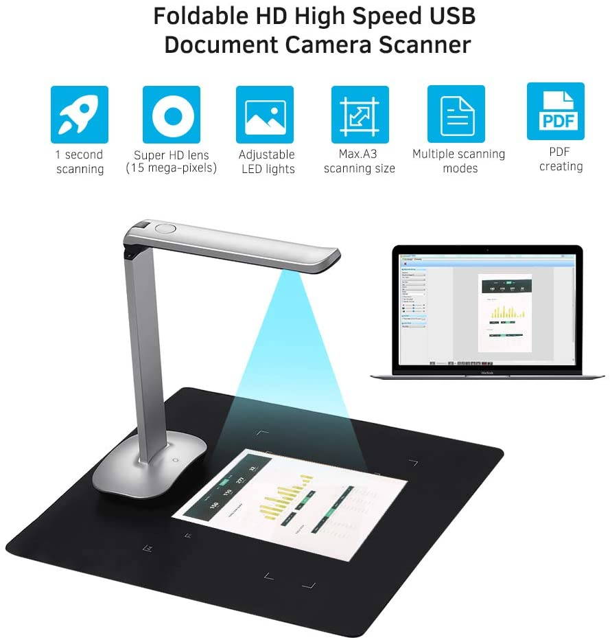 F50 Foldable HD USB Book Document Camera Scanner Foot Pedal LED Light AI Technology 15 Mega-Pixels A3 &A4 Scanner