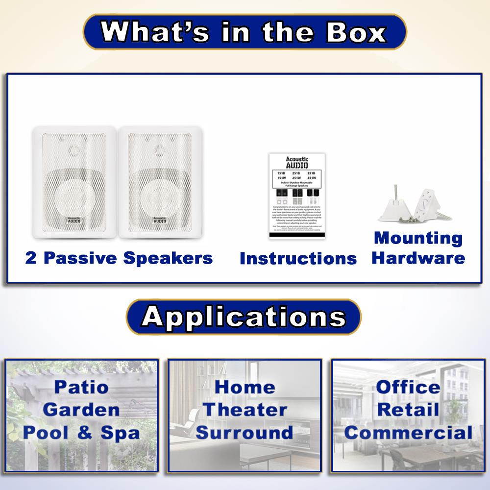 Acoustic Audio AA151W Indoor Outdoor 2 Way Speakers White Mountable Pair