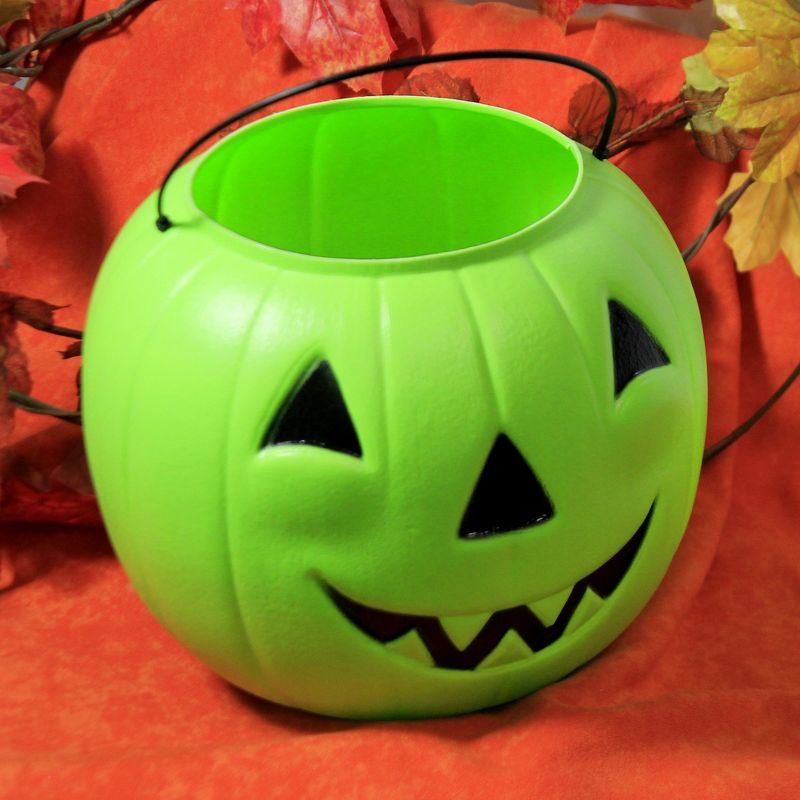 Halloween Blow Mold 7.25" Green Big Jack Pumpkin Pail Trick Treat Bucket  -  Trick Or Treat Containers