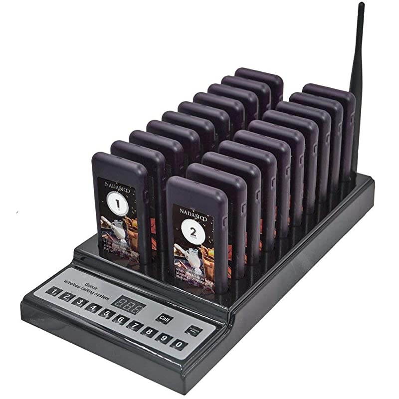 Restaurant Pager System with 20 pcs Coaster Pagers and 1 pc 999-Channel Keypad Call Button Extensible Wireless Calling System for Food Truck Clinic Church Cafe Shop