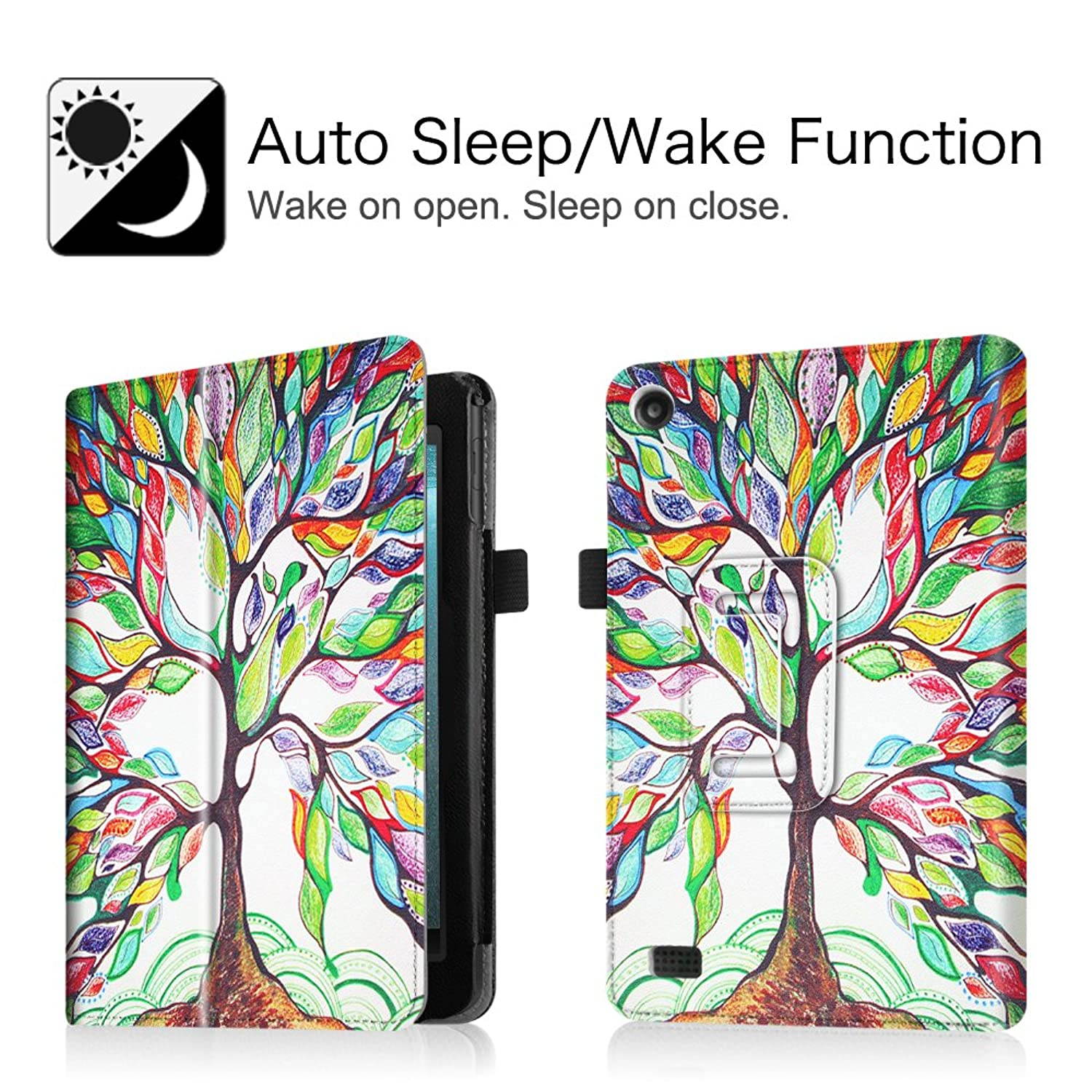 Fintie Folio Case for Amazon Fire 7 Tablet (Previous Generation - 7th, 2017 Release) - Slim Fit PU Leather Standing Protective Cover Auto Wake/Sleep, Compatible with Fire 7 (5th Gen, 2015), Love Tree