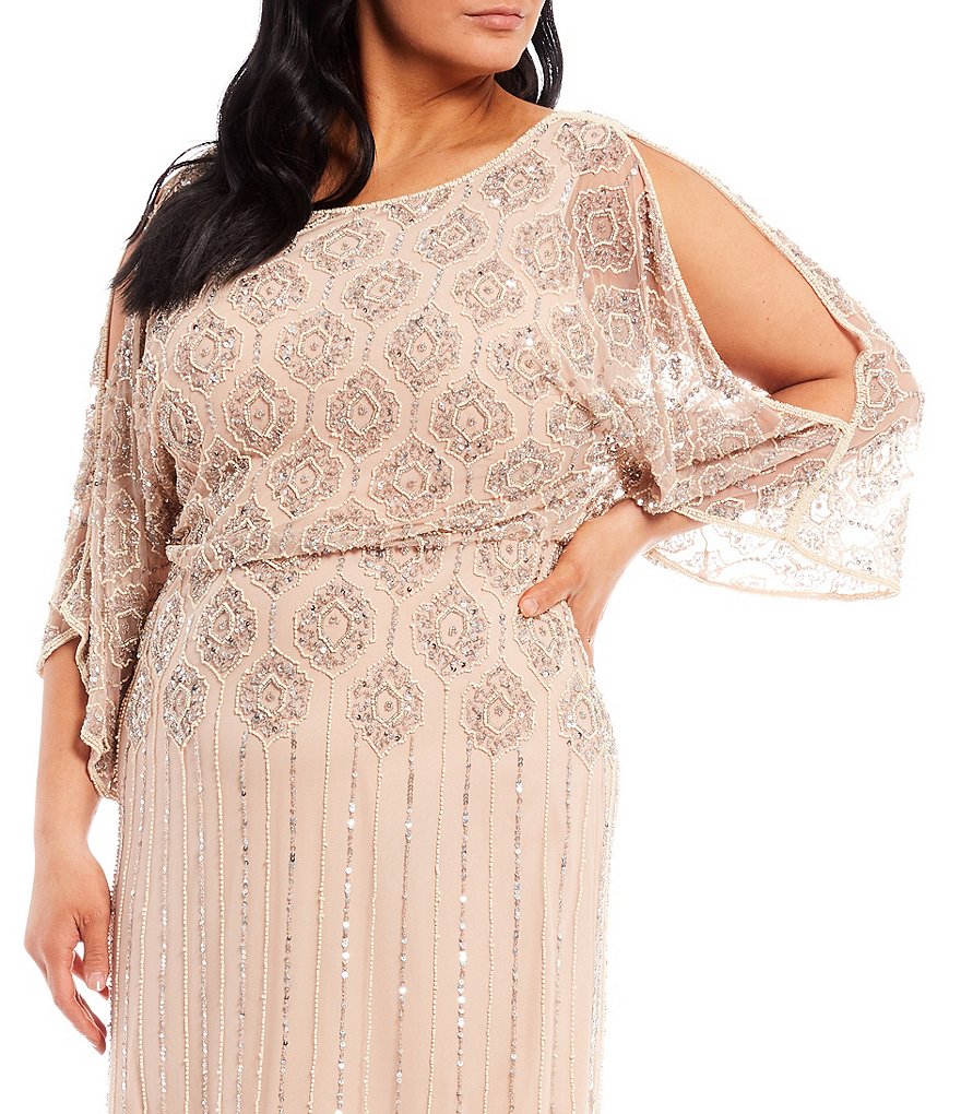 Pisarro Nights Plus Size 3/4 Cold Shoulder Boat Neck Beaded Blouson Gown