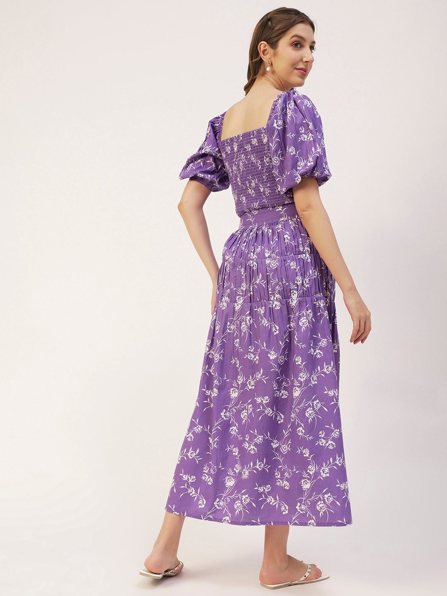 Moomaya Violet & White Floral Print Crop Top With Skirt