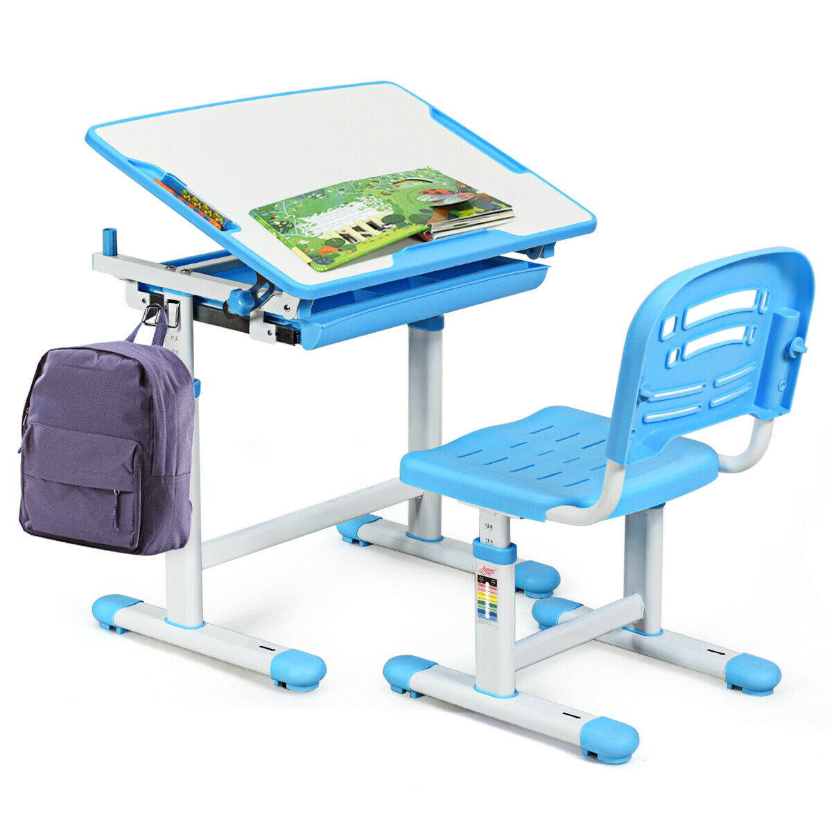 Height Adjustable Children&rsquo;s Desk Chair Set Multifunctional Study Drawing Blue