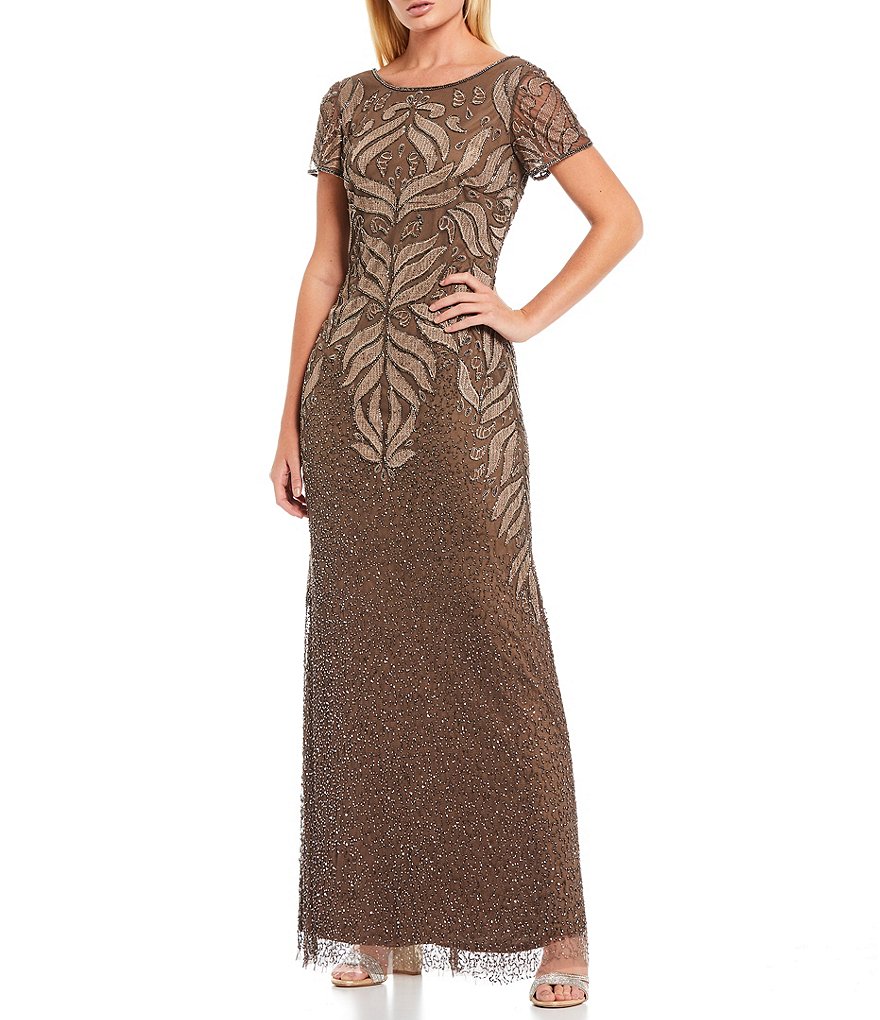 Pisarro Nights Petite Size Boat Neck Short Sleeve Beaded Gown