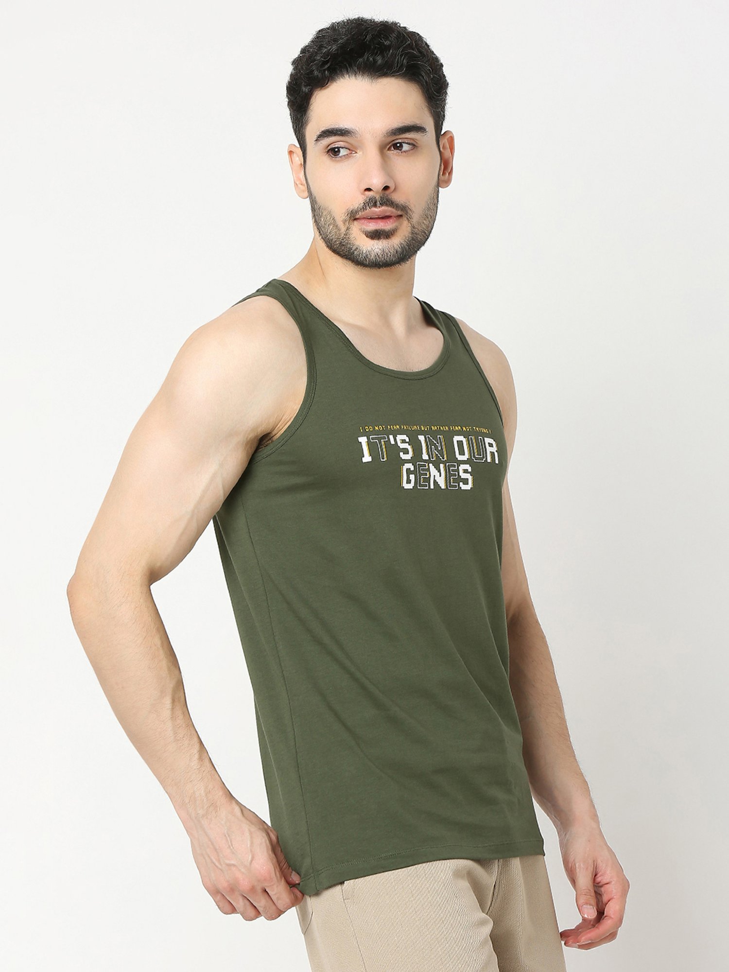 UnderJeans by Spykar Olive Regular Fit Printed Cotton Vest