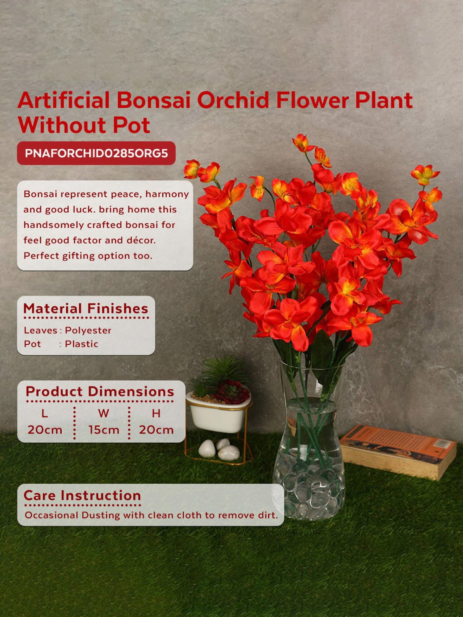 Amflix Orange Artificial Bonsai Orchid Flower Plant Without Pot