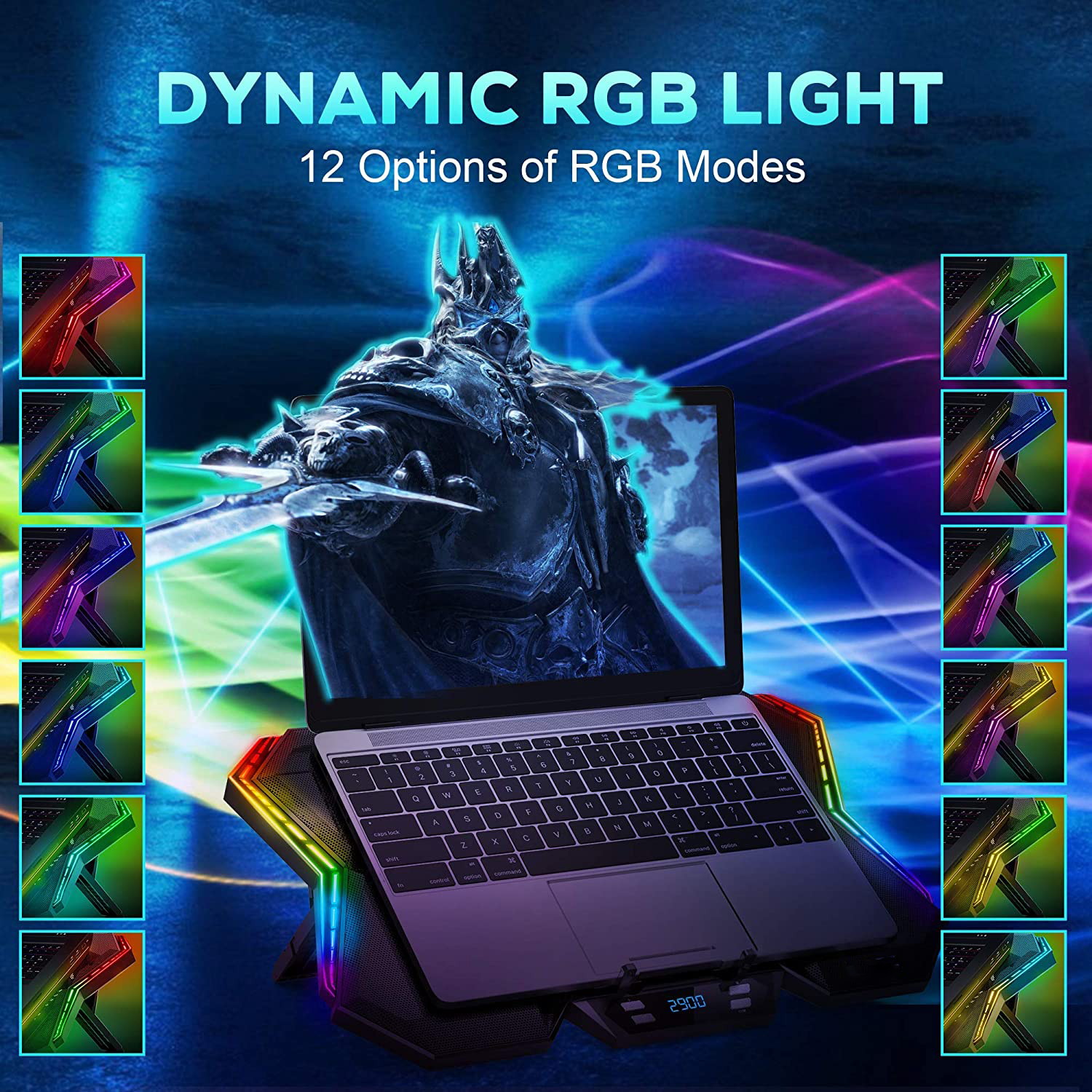 RGB Laptop Cooling Pad Gaming Laptop Cooler with 12-Mode, 6 High-Speed Quiet Fans, LED Screen Control Panel, Colorful LED Lights, 7 Heights Stand, 2 USB Ports, Compatible up to 17 Inch Laptop