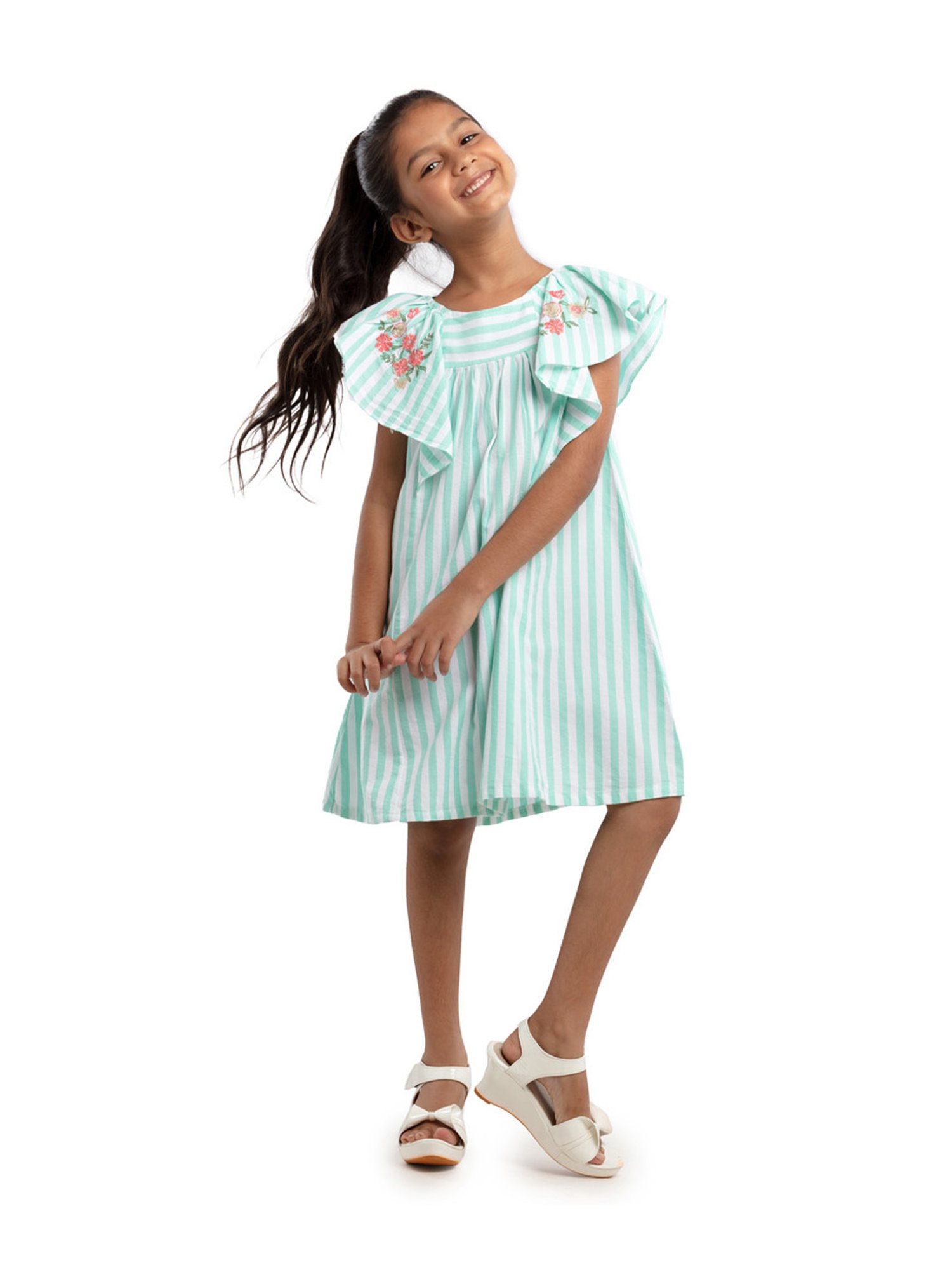 Under Fourteen Only Kids Blue & White Embroidered Dress