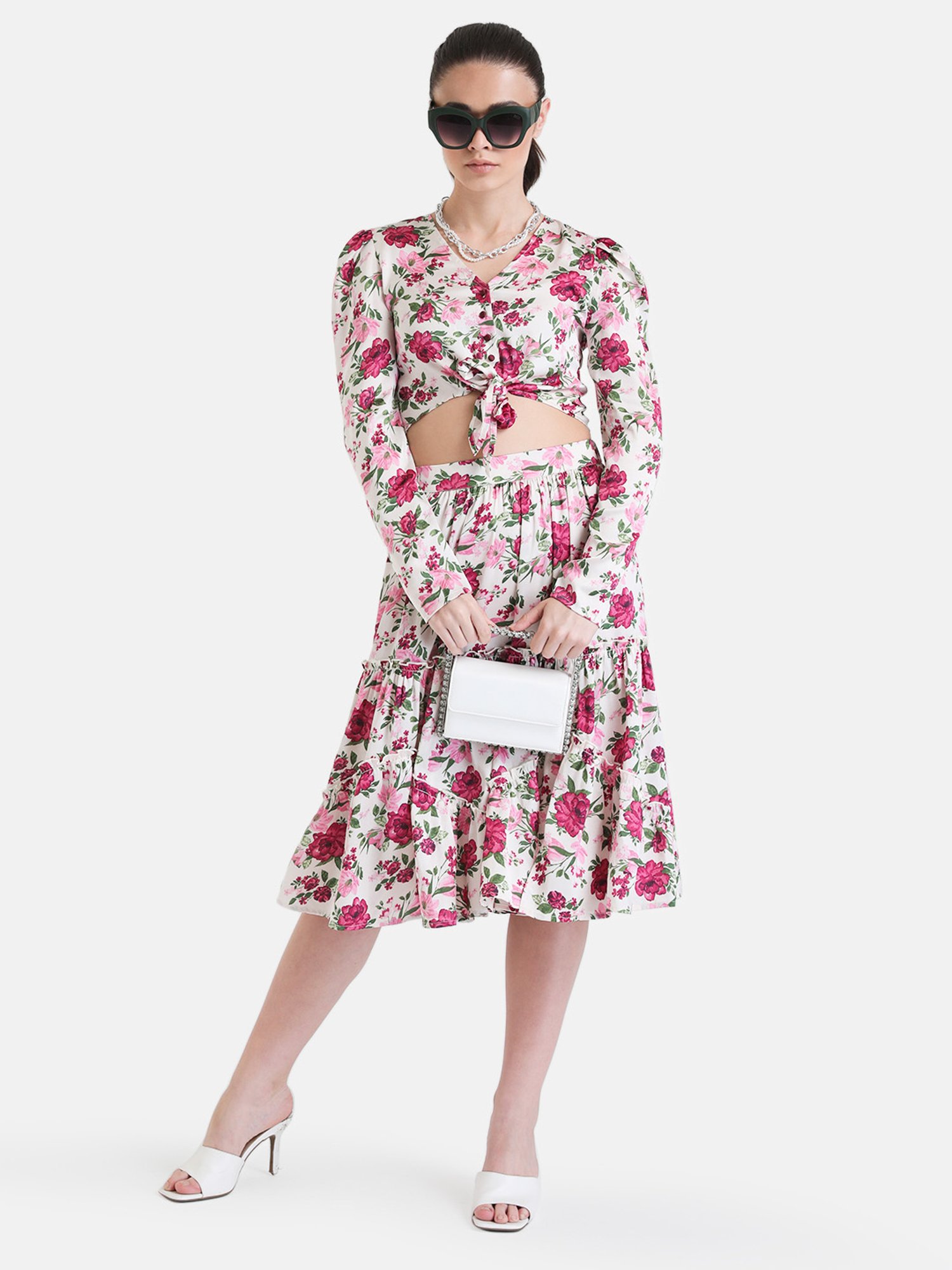 Kazo White & Pink Floral Print Midi Skirt