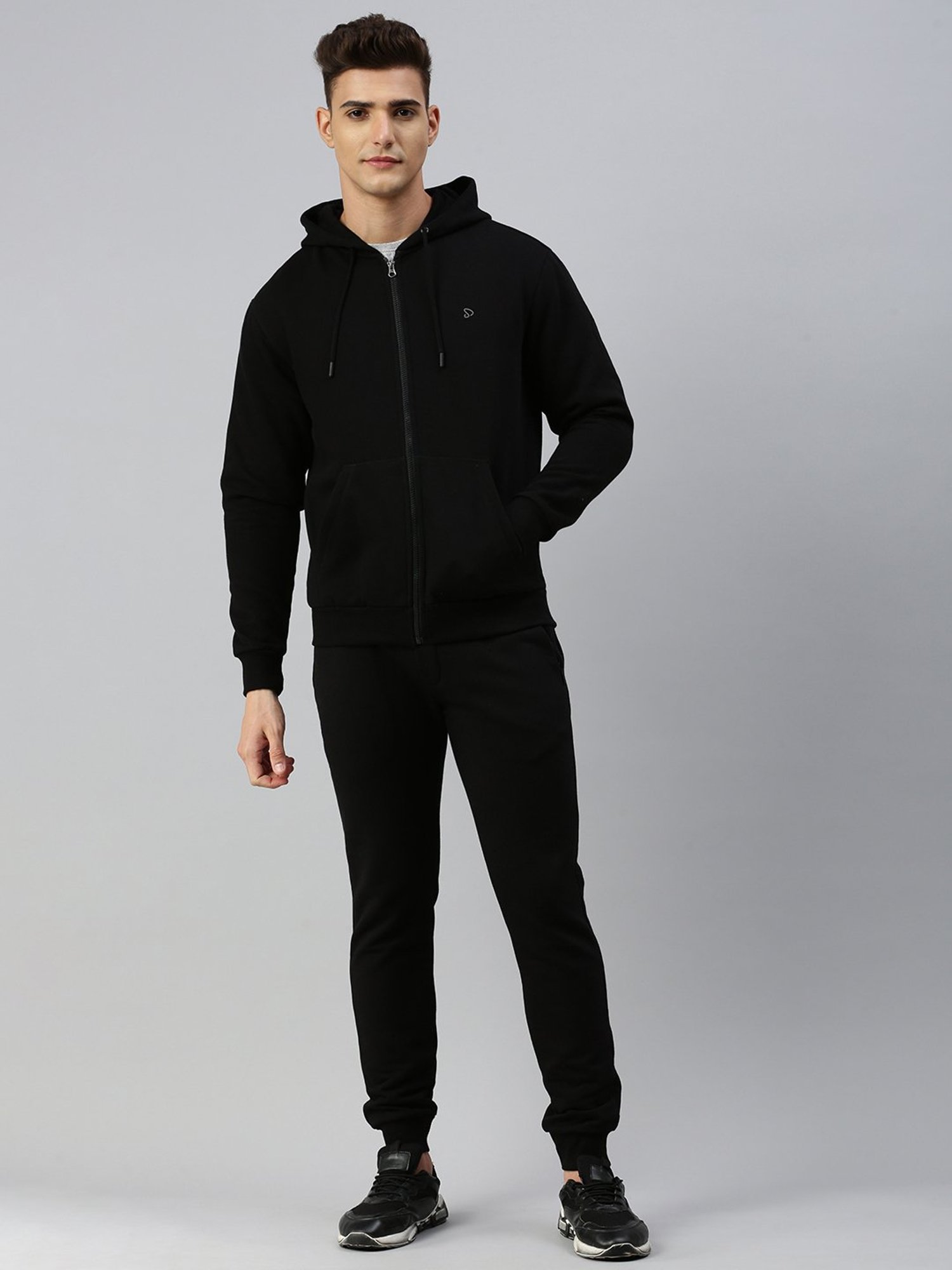 Sporto Black Regular Fit Hooded Jacket and Joggers Set