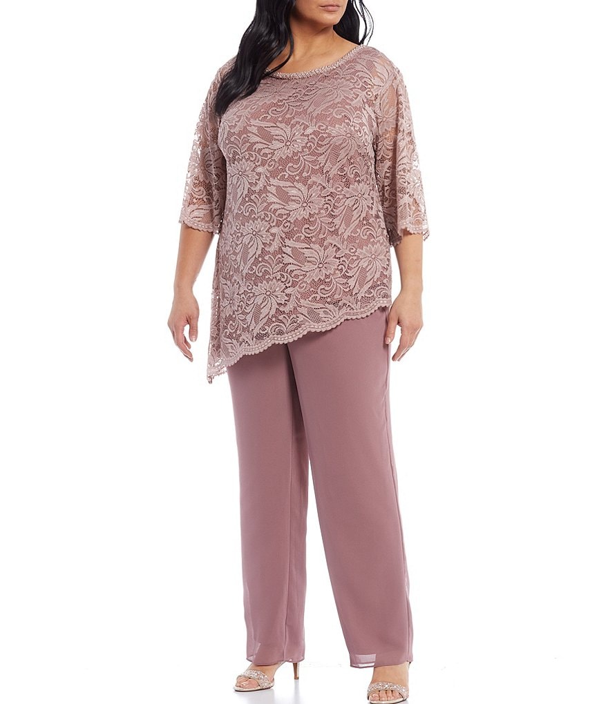 Le Bos Plus Size Jewel Neck 3/4 Sleeve Stretch Lace 2-Piece Pant Set