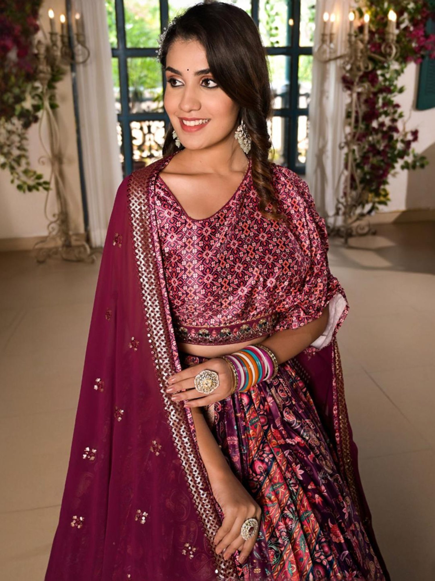 Odette Purple Printed Lehenga Choli Set With Dupatta