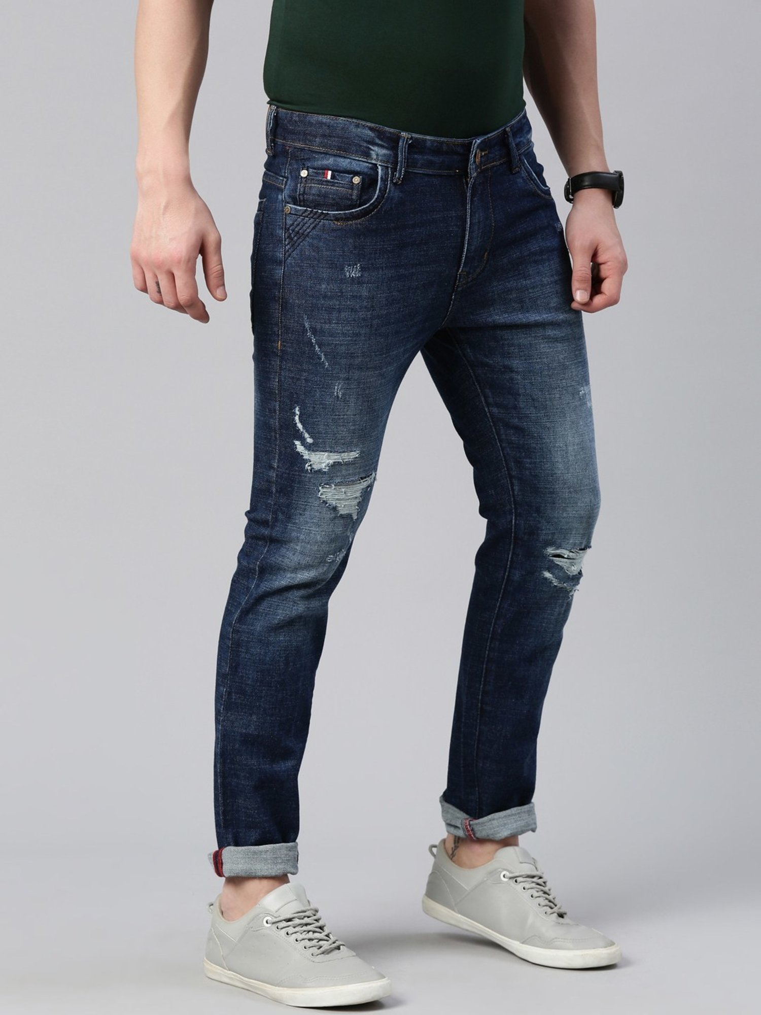 CINOCCI Blue Cotton Slim Fit Distressed Jeans