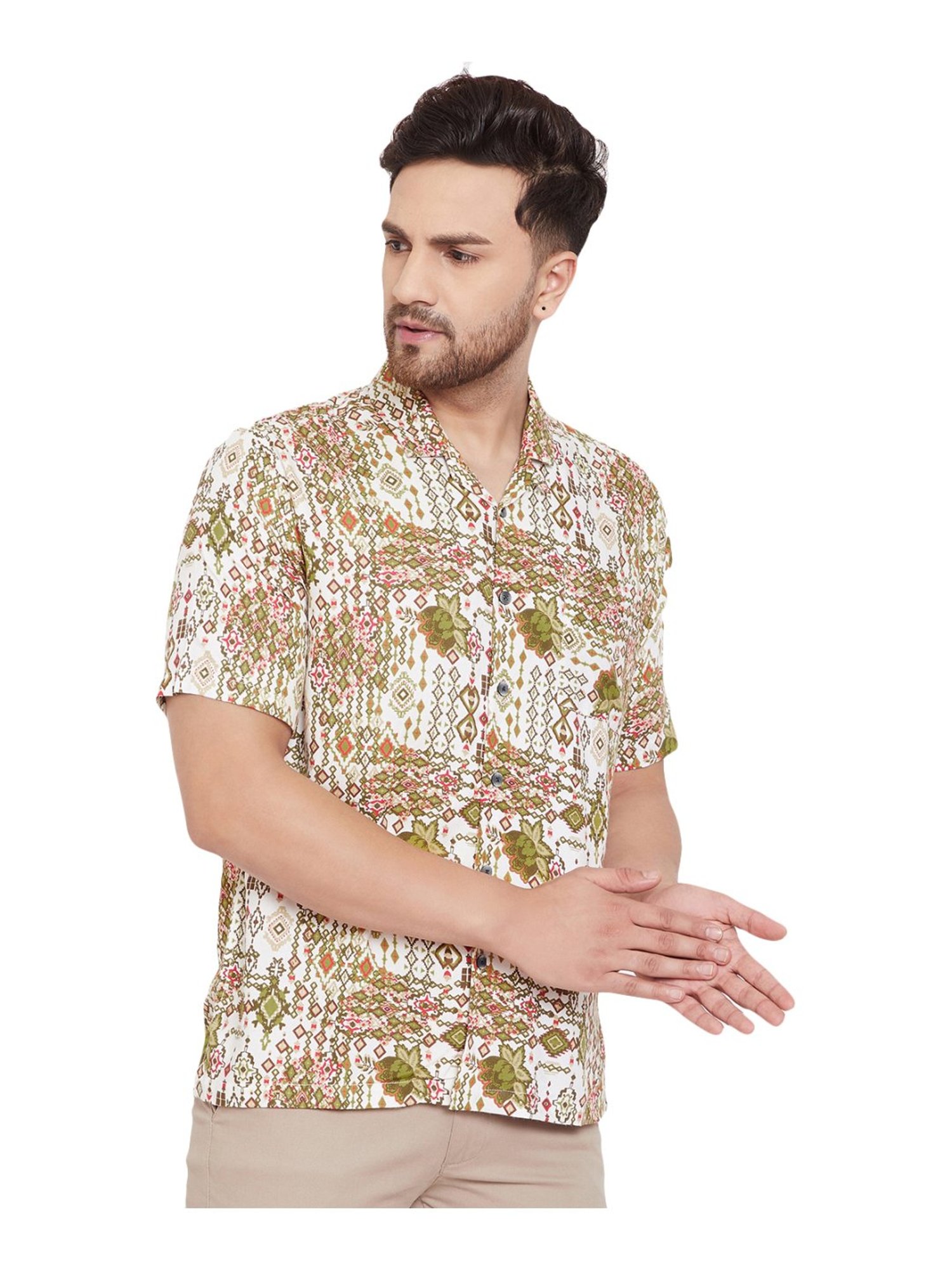 Even White & Green Slim Fit Printed Shirt