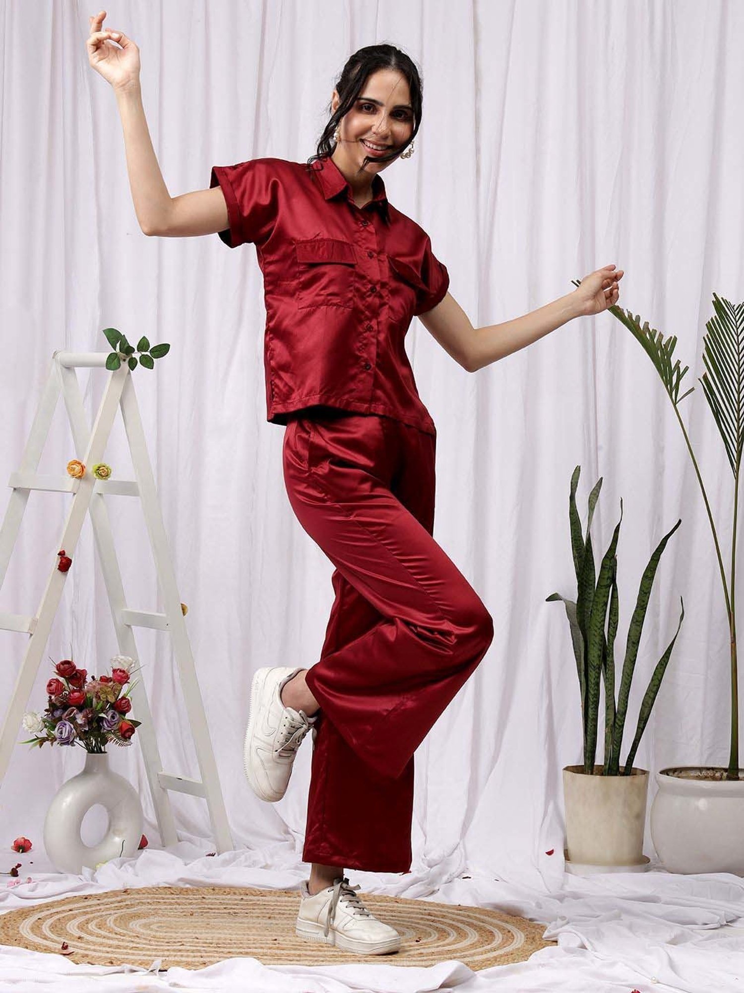 NEUDIS Maroon Plain Shirt Pants Set