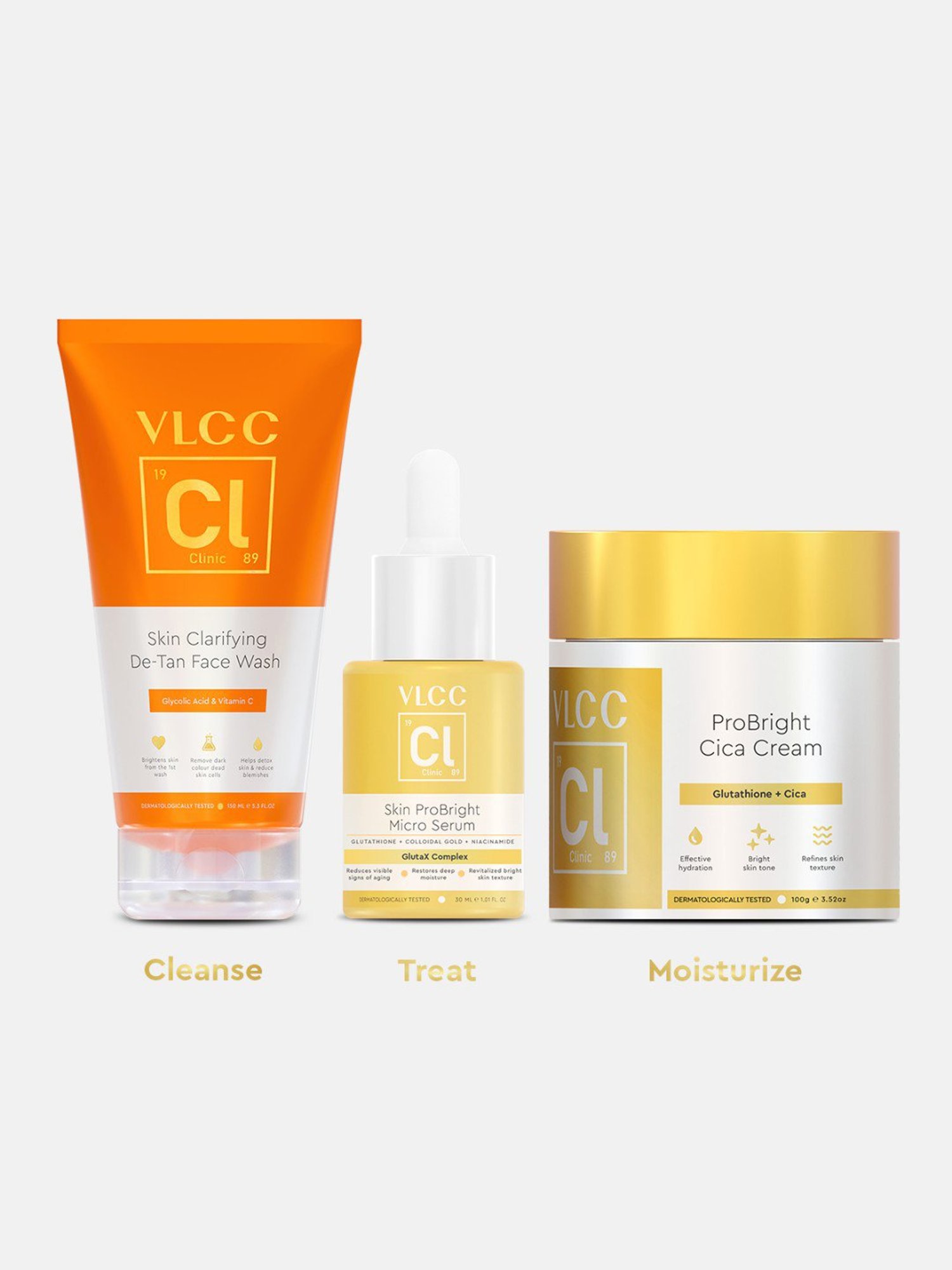 VLCC Clinic ProBright Cica Cream, Skin Clarifying De-Tan Face Wash & ProBright Micro Serum Combo