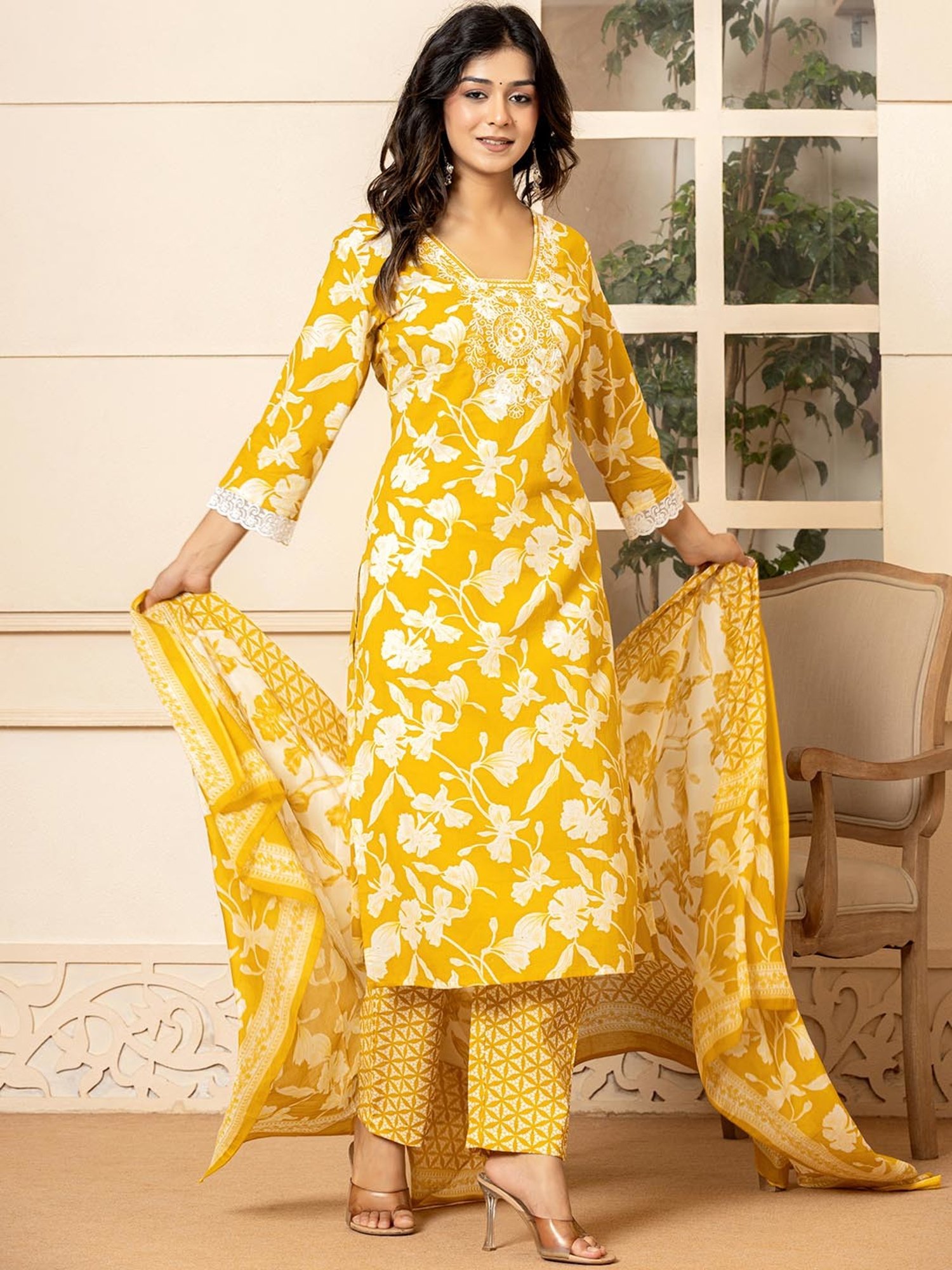 Yufta Mustard Cotton Embroidered Kurta & Pant Set with Dupatta