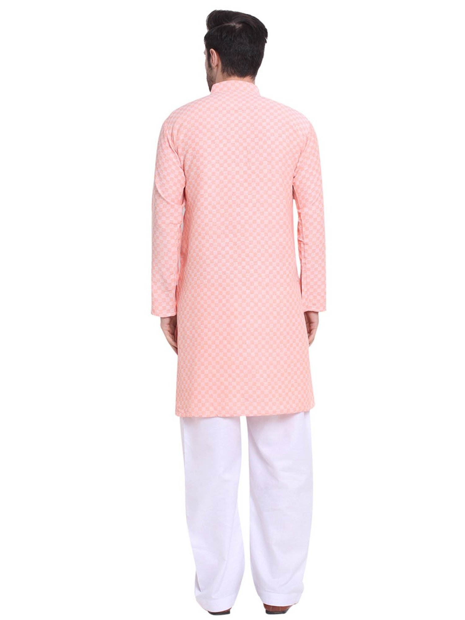 Benstoke Peach & White Regular Fit Geometric Print Angrakha Kurta & Pyjamas Set