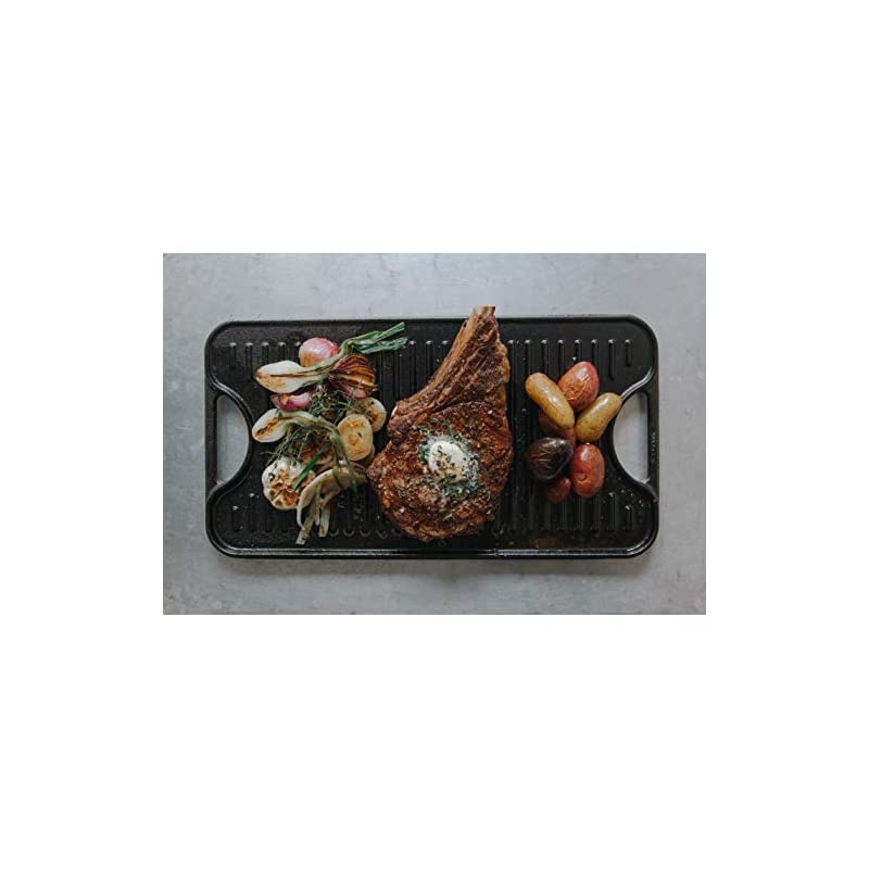 Rectangular Cast Iron Double Burner, Reversible Griddle Grill Seasoned with 100% Kosher Certified Non-GMO Flaxseed Oil, 18.5 x 10 Inch, Black