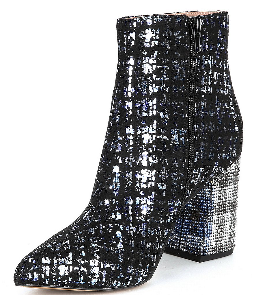 Betsey Johnson Kassie Metallic Plaid Embellished Block Heel Pointed Toe Booties