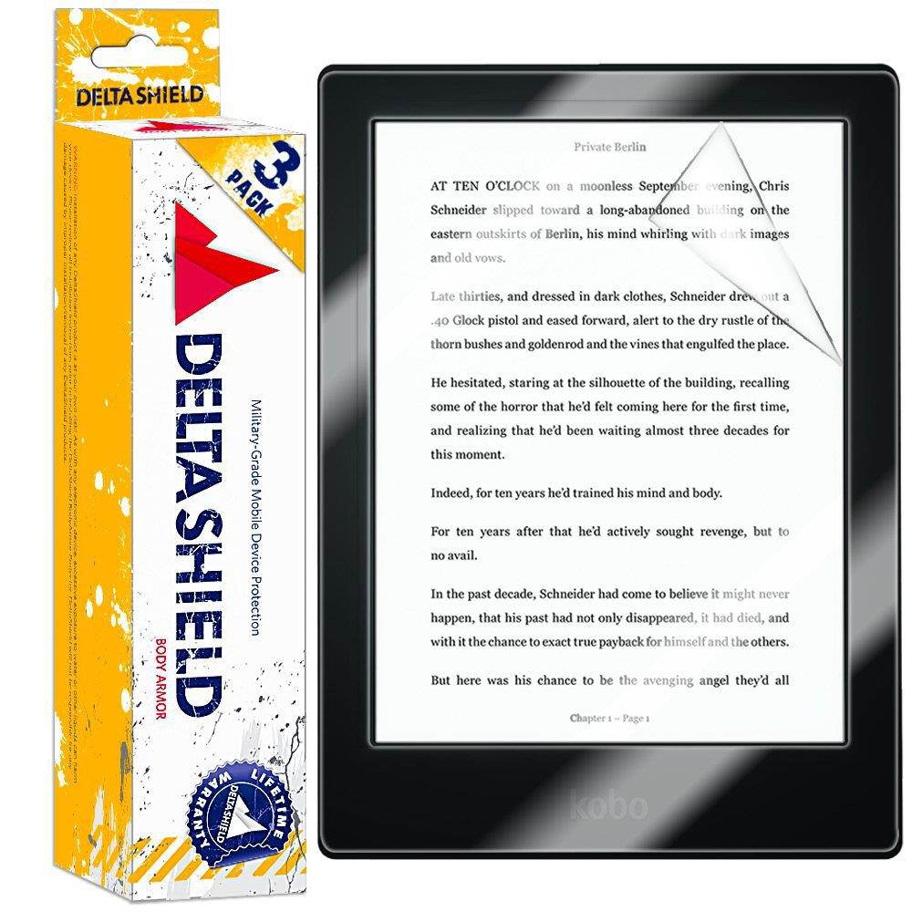 DeltaShield Screen Protector for Kobo Aura HD e-Reader (3-Pack) BodyArmor Anti-Bubble Military-Grade Clear TPU Film
