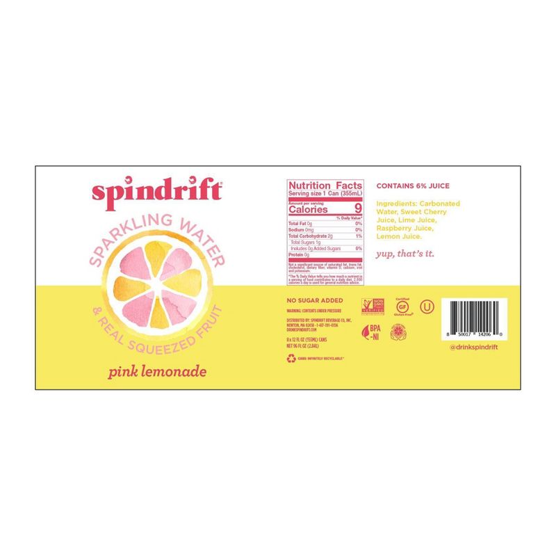 Spindrift Pink Lemonade Sparkling Water - 8pk/12 fl oz Cans