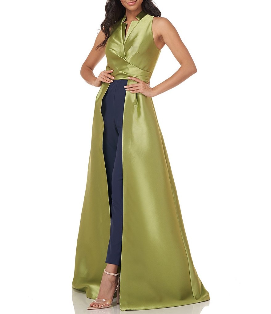 Jkara Chiffon Popover Beaded V-Neck 3/4 Capelet Sleeve Gown