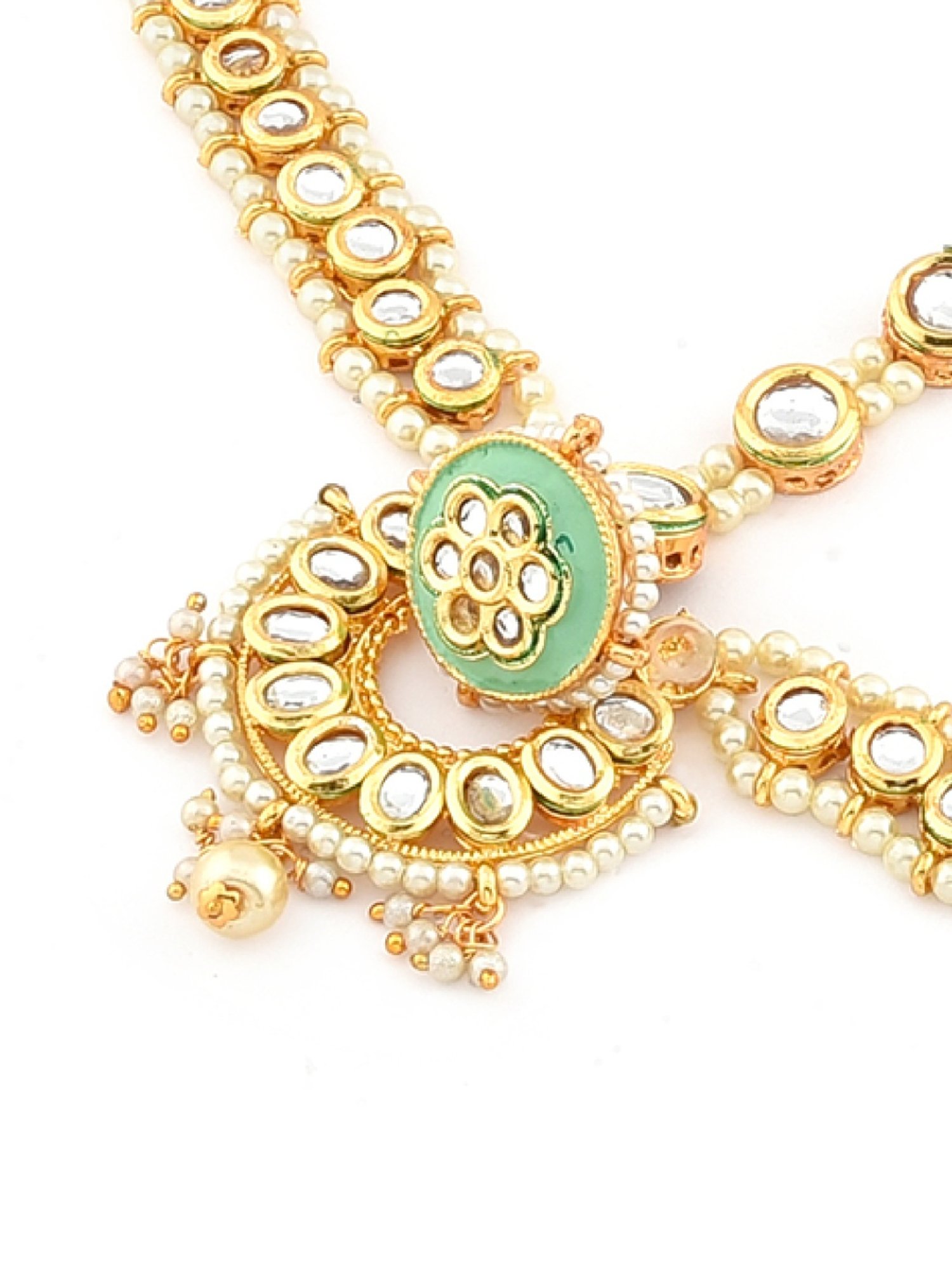 Zaveri Pearls Green Meenakari Kundan Bridal Borla MathaPatti Style Maangtikka-ZPFK13114