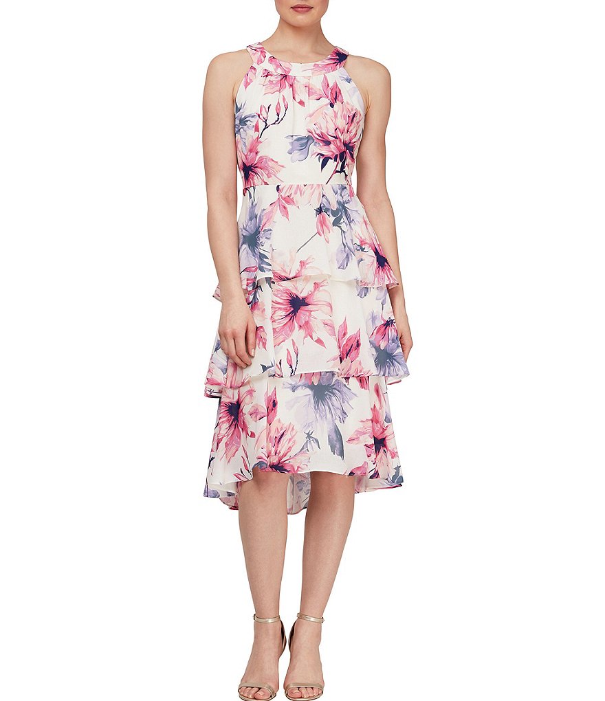 Ignite Evenings Floral Halter Neck Sleeveless Hi-Low Tiered Dress