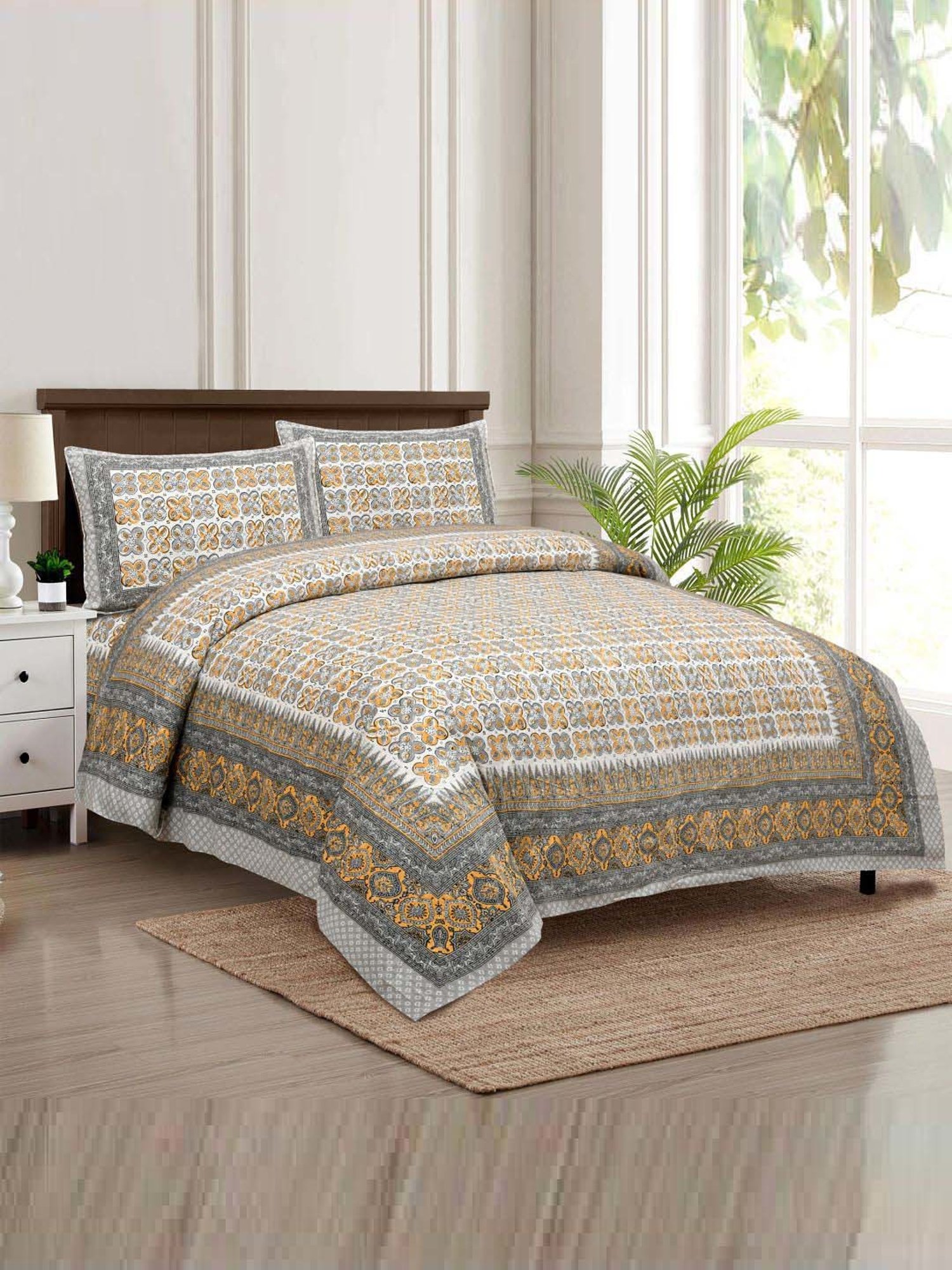 JaipurFabric Grey & Orange 180 TC 100% Cotton Mini Blocks Double Bedsheet with 2 Pillow Covers