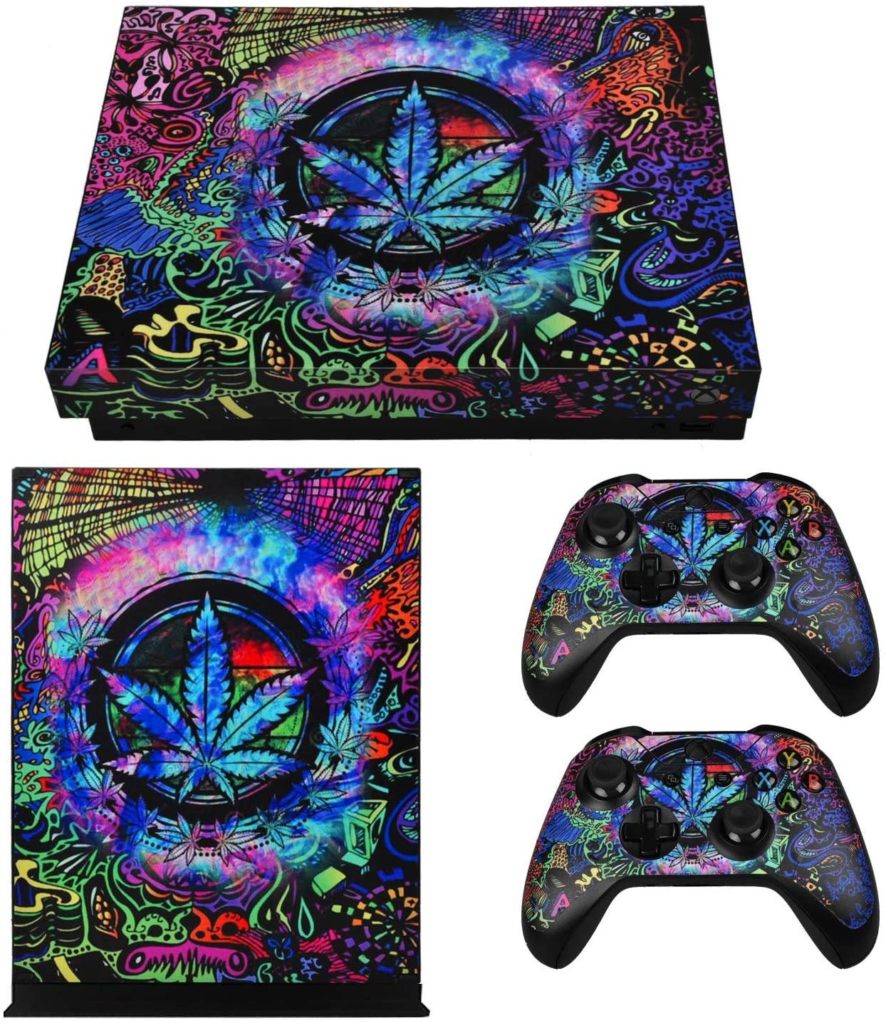 eXtremeRate Full Set Faceplates Skin Stickers for Xbox One X Console Controller with 2 Pcs Home Button Decals - Psychedelic Cannabis
